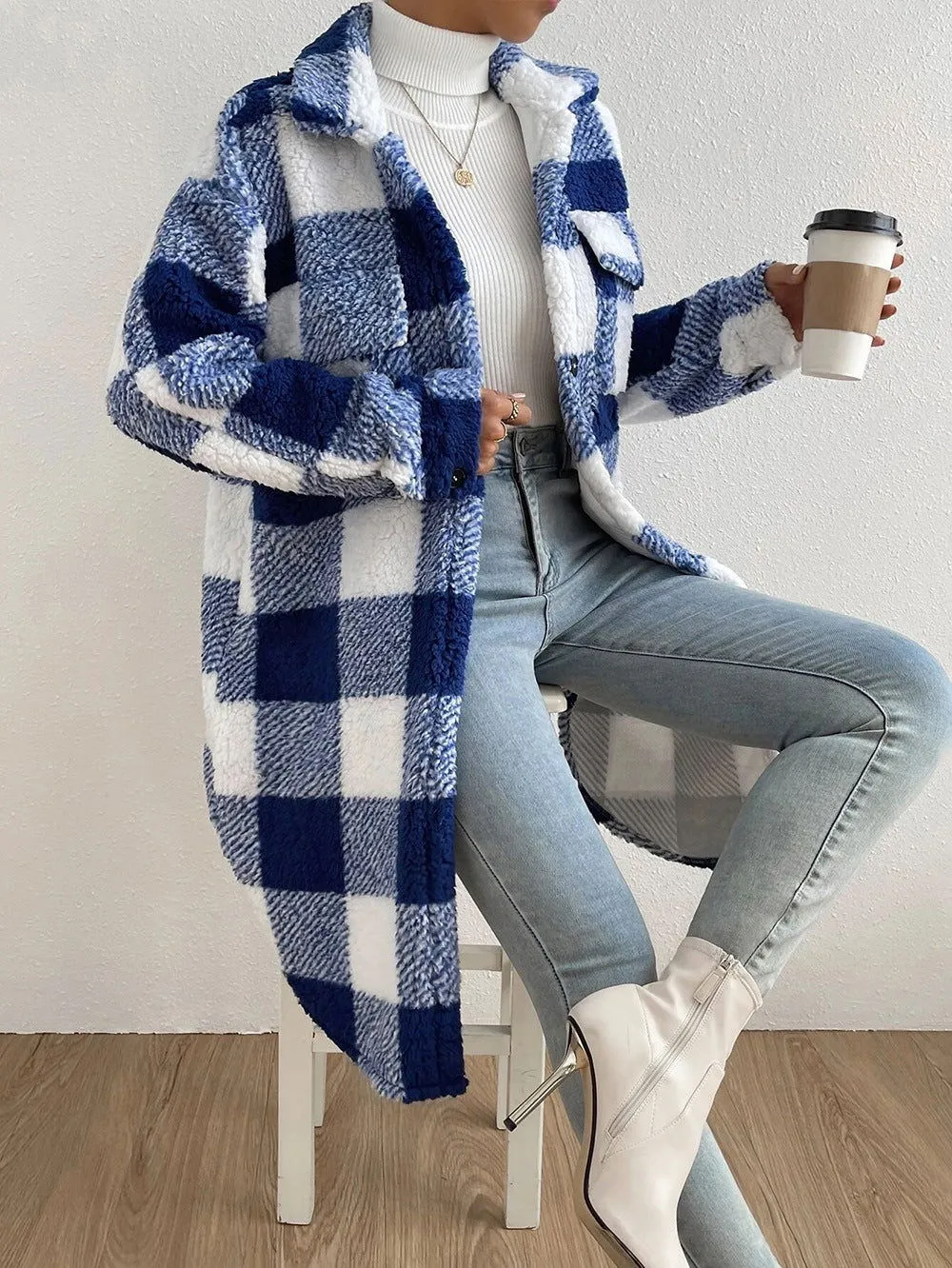 Autumn Winter Open Buckle Collared Plush Plaid Coat Loose Office Long Cut Coat Women