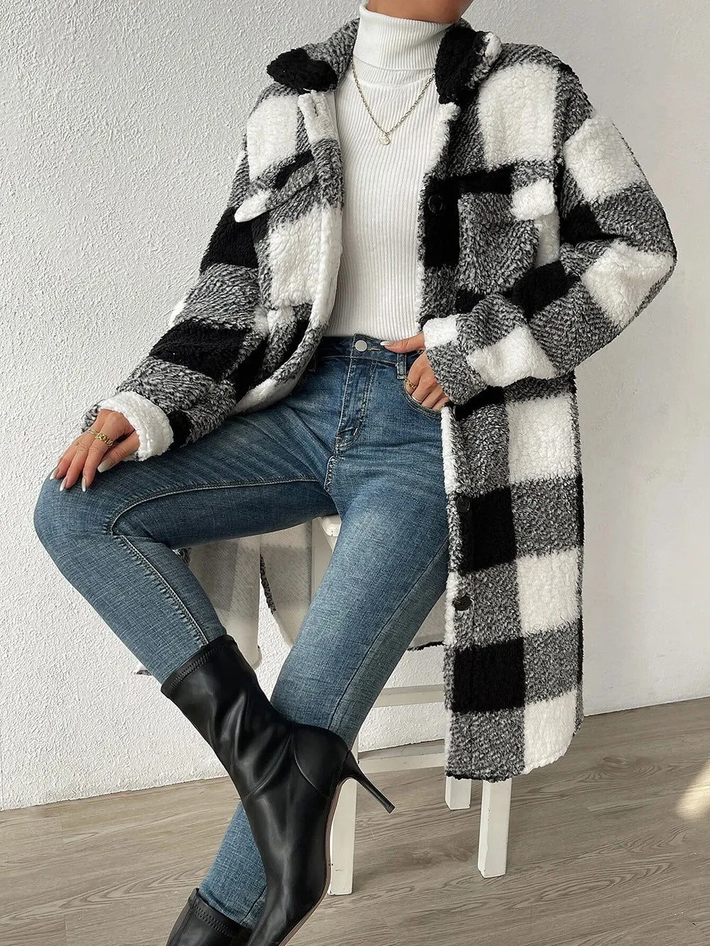 Autumn Winter Open Buckle Collared Plush Plaid Coat Loose Office Long Cut Coat Women