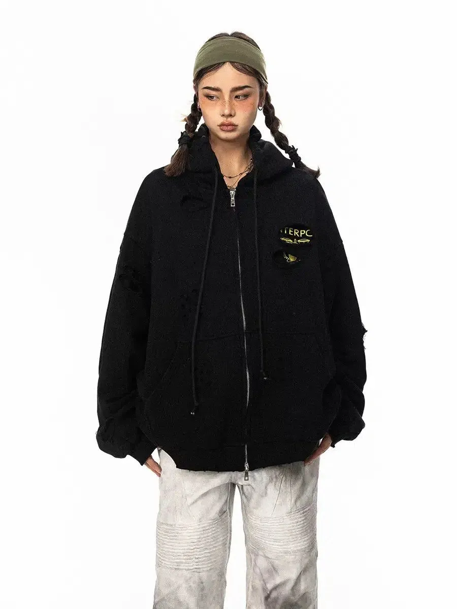 BB Drawstring Hollowed Zip-Up Hoodie