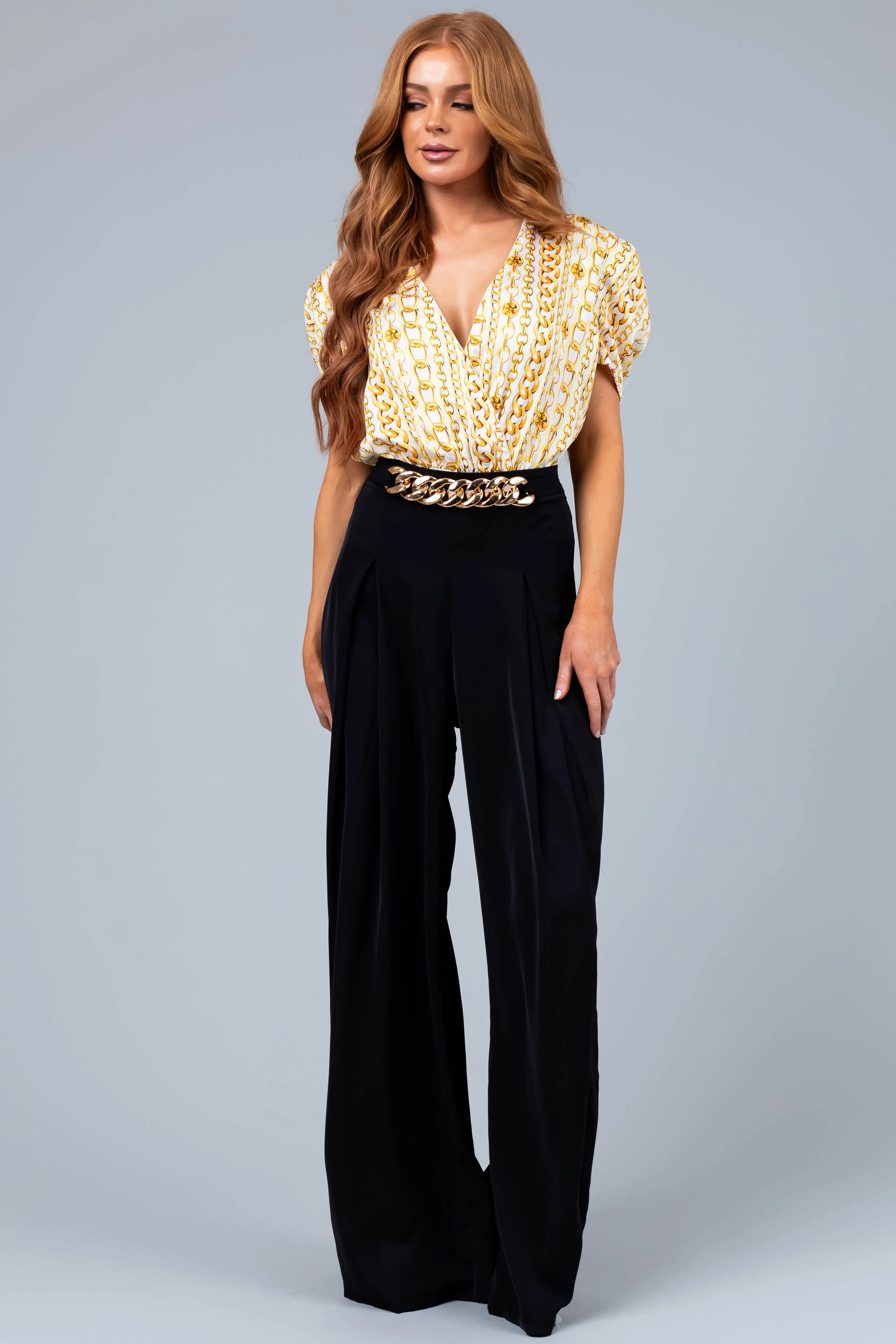 Black Flowy Wide Leg Gold Chain Pants