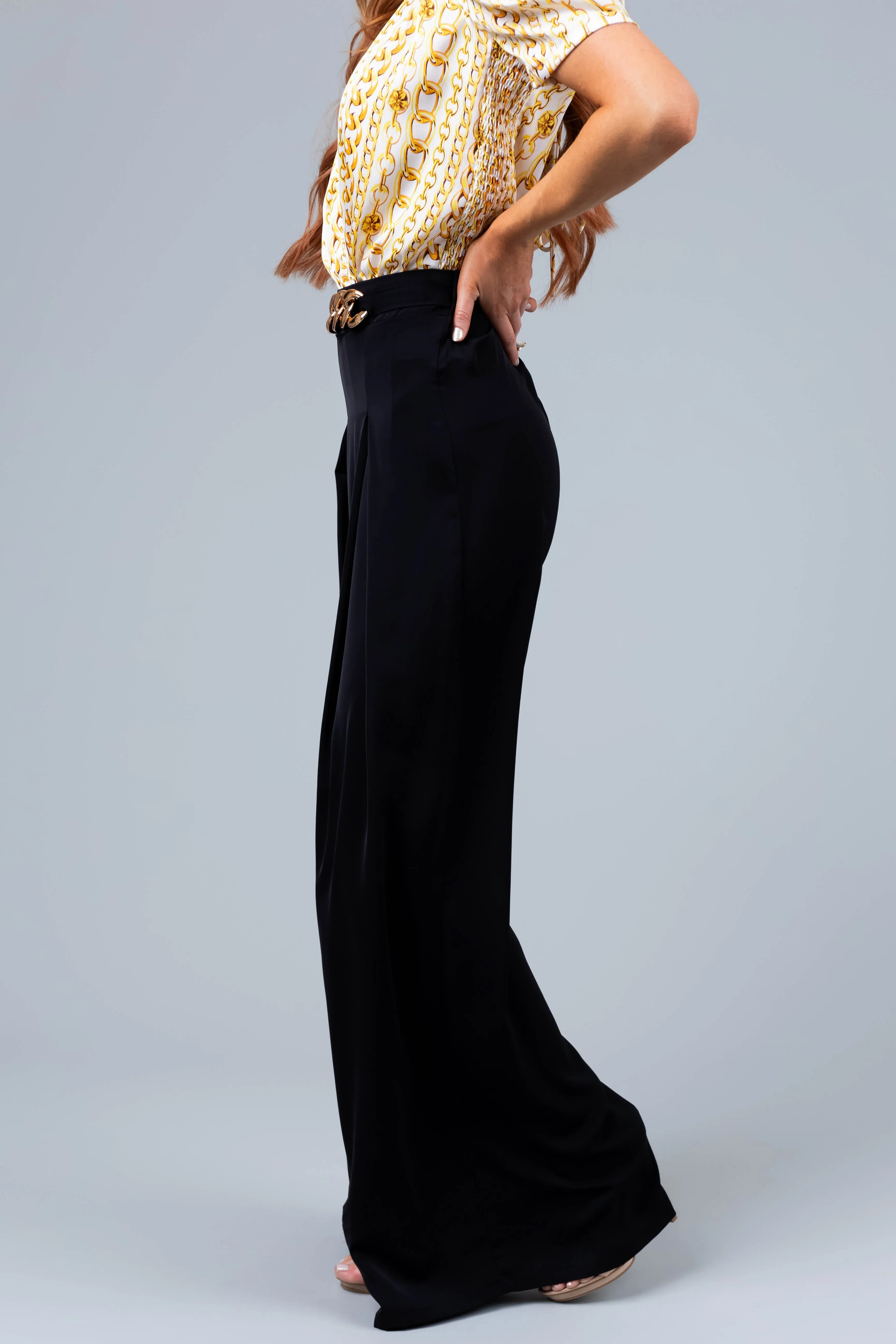 Black Flowy Wide Leg Gold Chain Pants