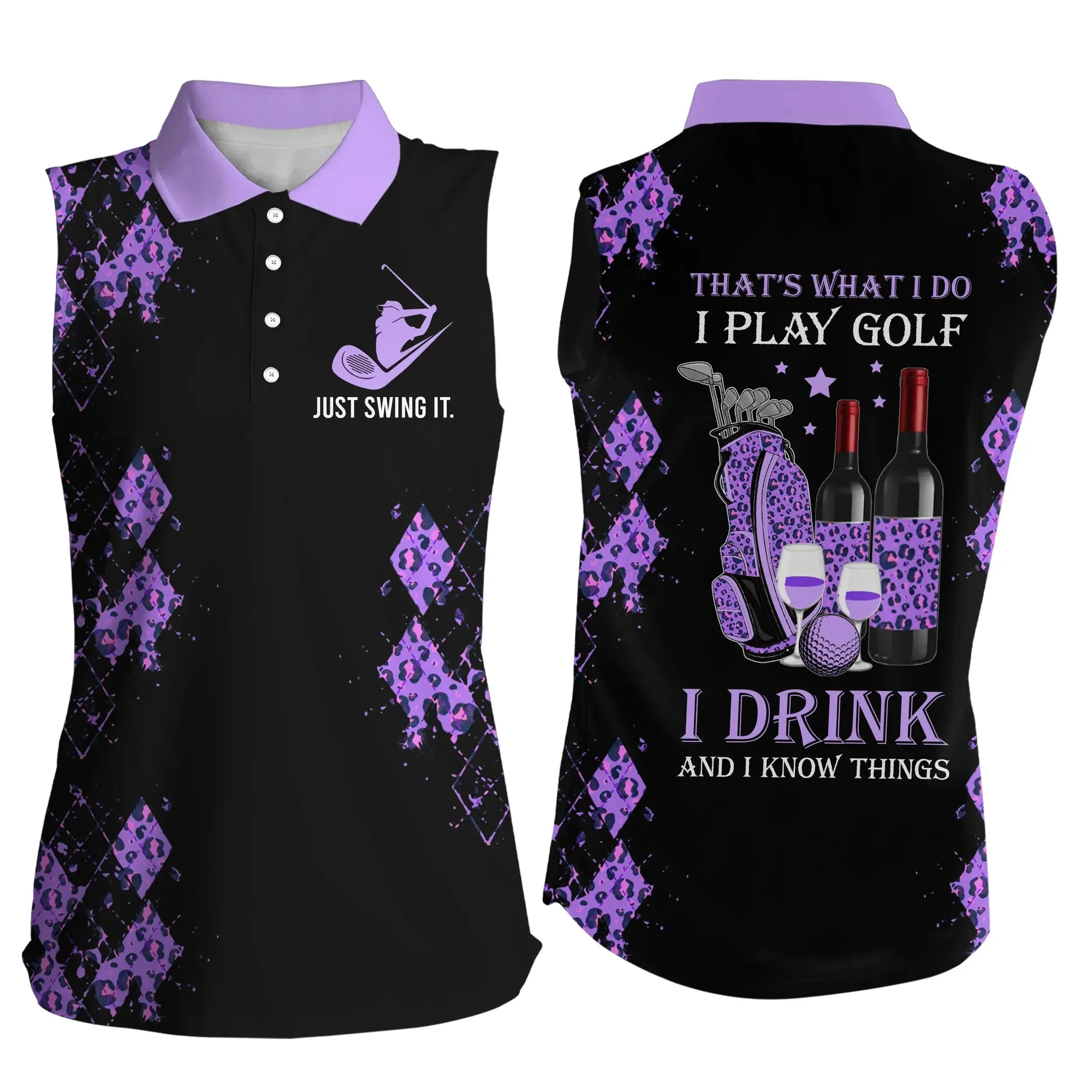 Black Purple Leopard Womens Sleeveless Polo Shirt Funny Golf Wine That'S What I Do, I Play Golf Drink