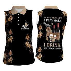 Black Purple Leopard Womens Sleeveless Polo Shirt Funny Golf Wine That'S What I Do, I Play Golf Drink