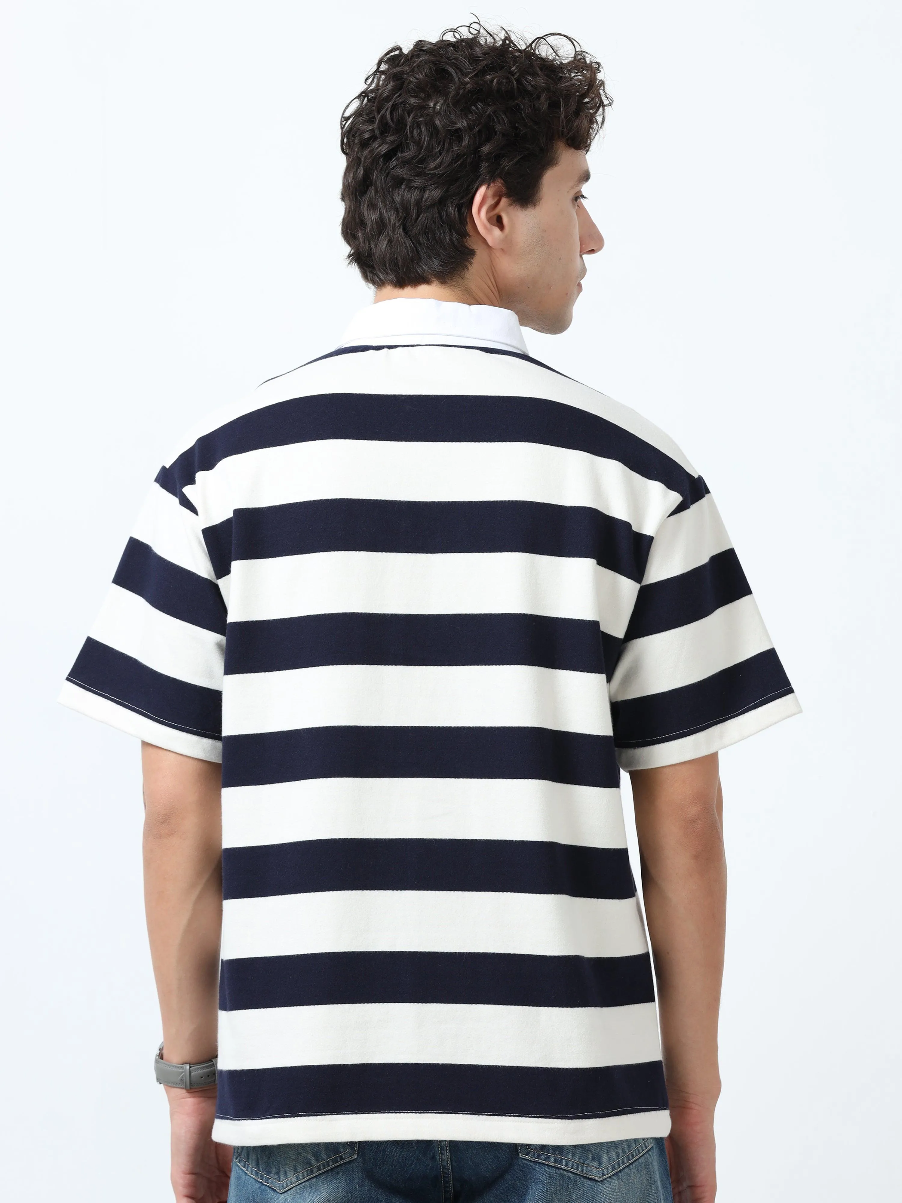 Calla - Oversized Striped Polo T Shirt - Navy blue