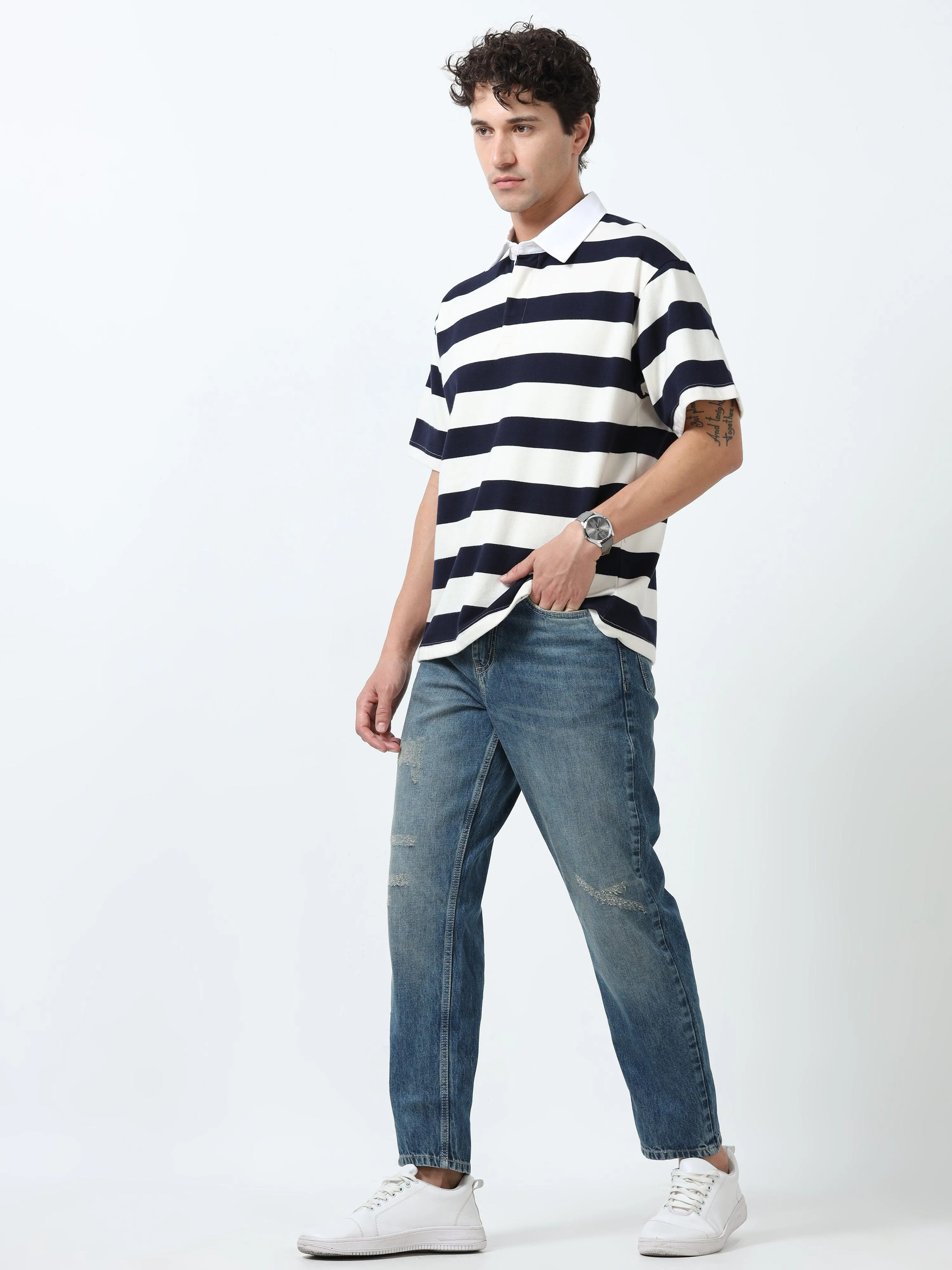 Calla - Oversized Striped Polo T Shirt - Navy blue