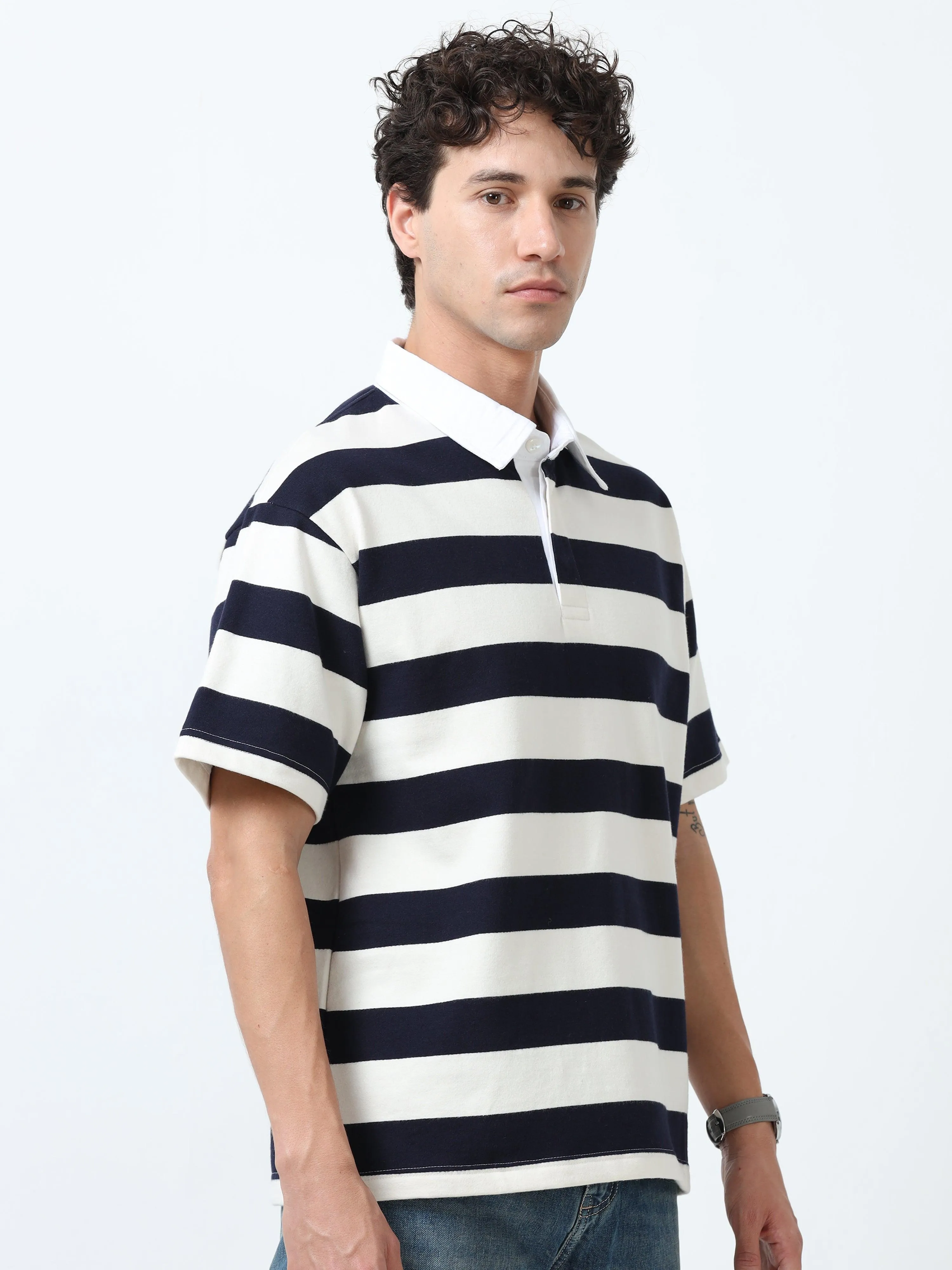 Calla - Oversized Striped Polo T Shirt - Navy blue