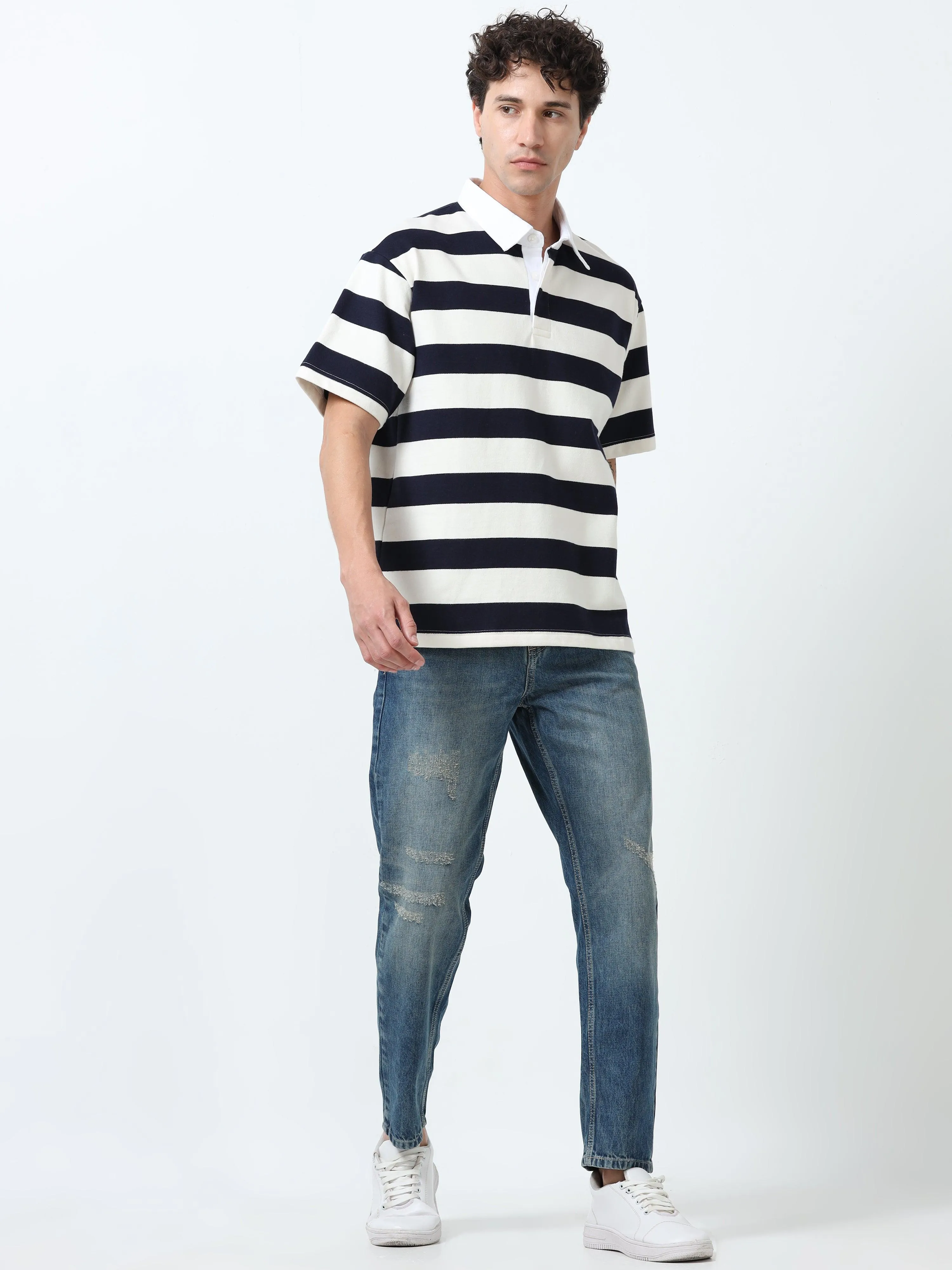 Calla - Oversized Striped Polo T Shirt - Navy blue