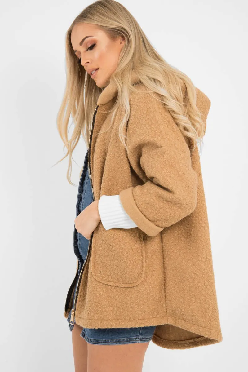 Camel Hooded Zip Front Borg Coat - Loryn