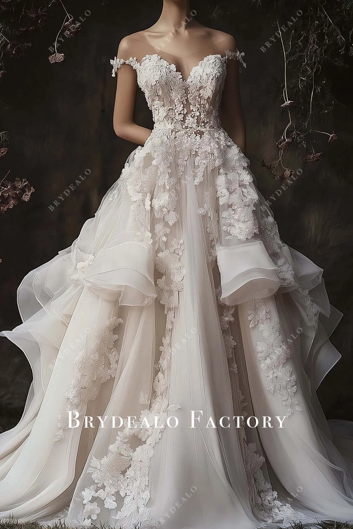 Custom Lace Off Shoulder Tiered A-line Wedding Ballgown