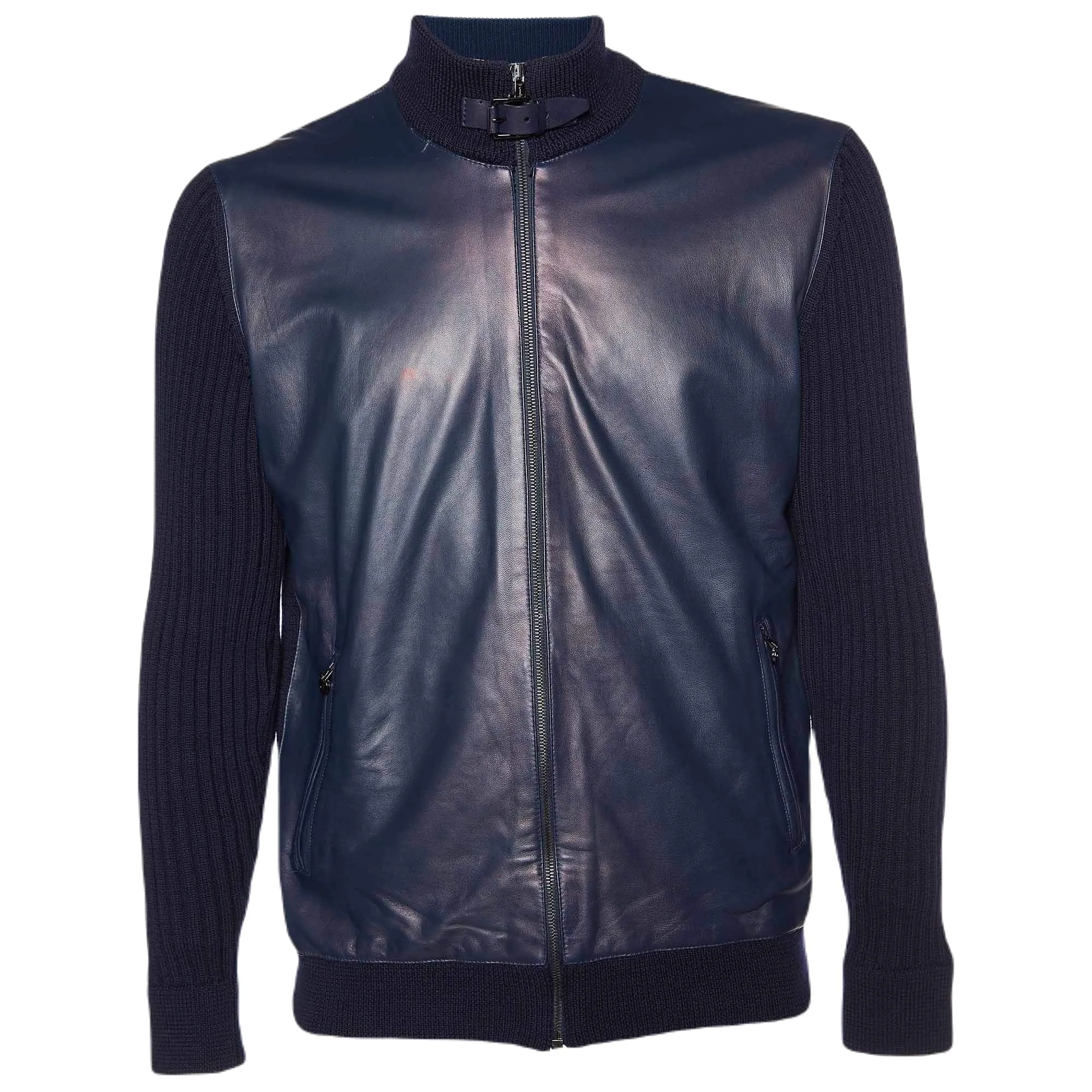 Ferragamo Leather & Wool Knit Zip Front Jacket Navy