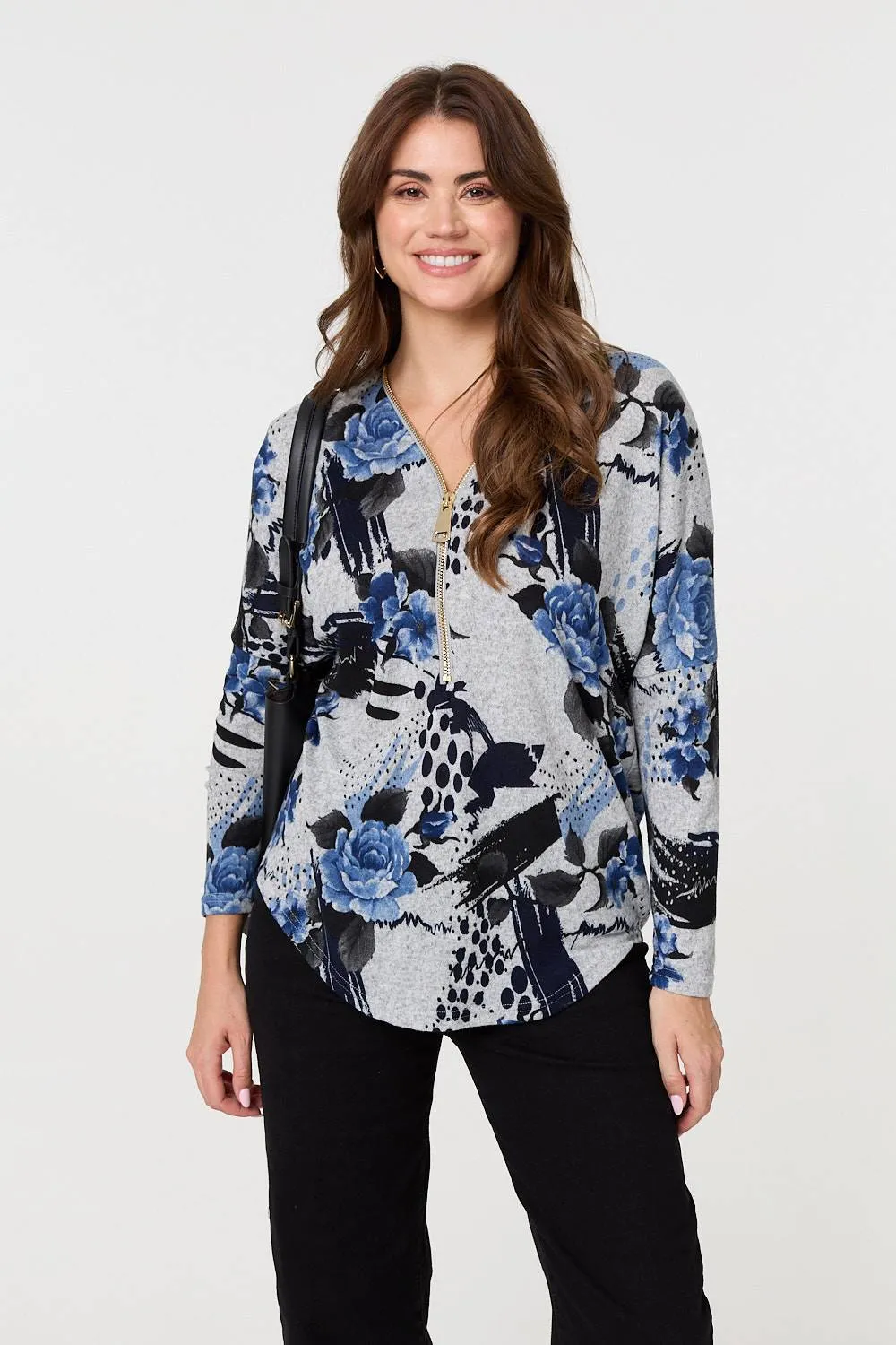 Floral Zip Front V-Neck Sweatshirt