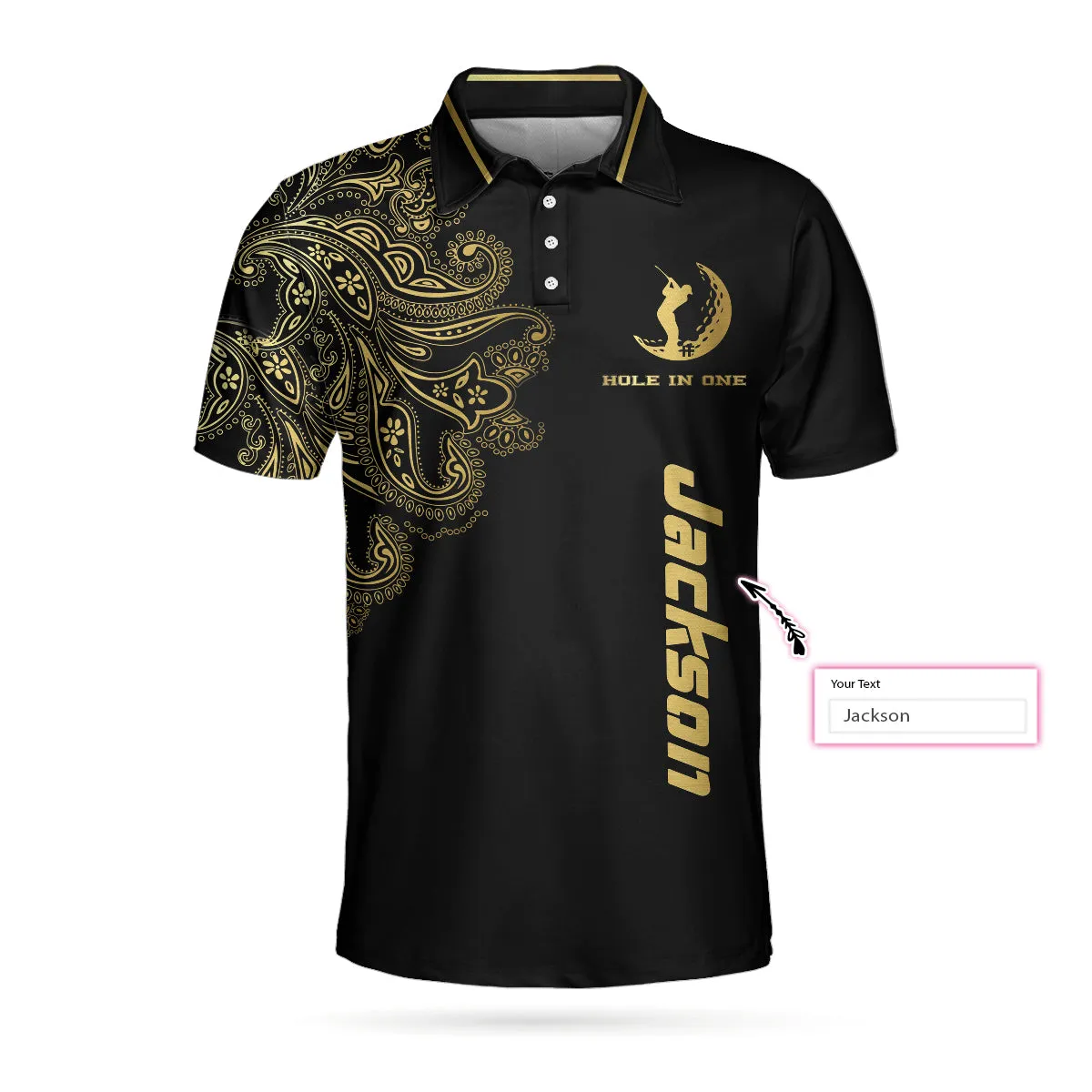 Golden Hole In One Black Golf Custom Polo Shirt, Personalized Golden Floral Paisley Golf Shirt For Men Coolspod