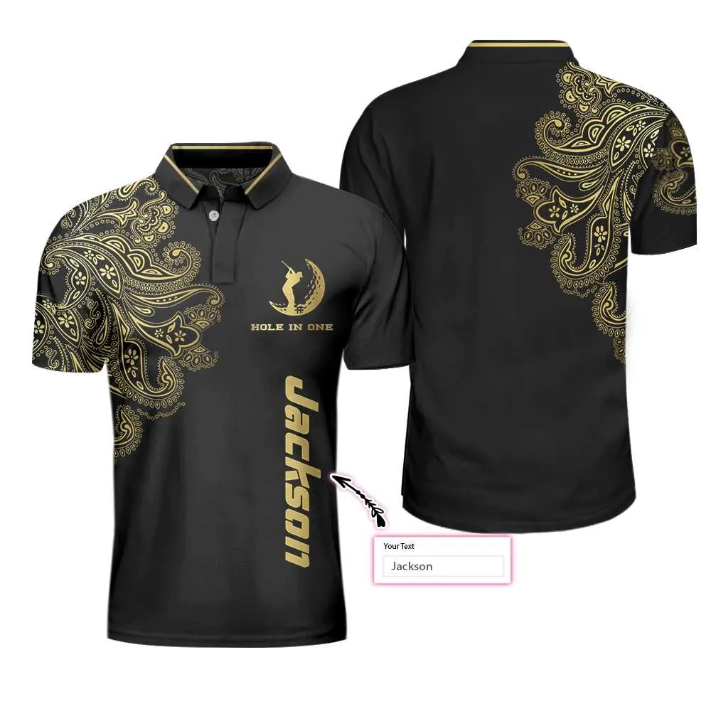 Golden Hole In One Black Golf Custom Polo Shirt, Personalized Golden Floral Paisley Golf Shirt For Men Coolspod