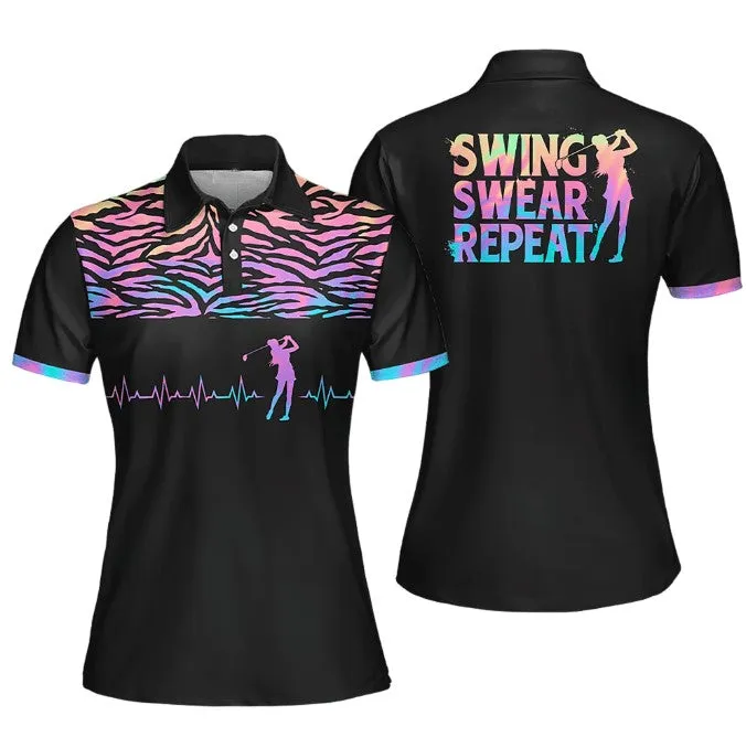 Golf Heart Beat Hologram Swing Swear Repeat Funny Polo Shirt For Woman, Women Golf Shirt