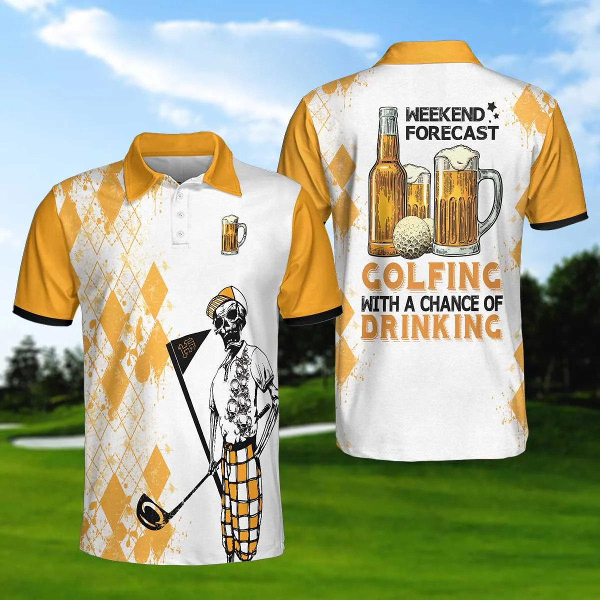 Golf Shirt For Beer Lovers, Weekend Forecast Beer And Golf Polo Shirt, Argyle Pattern Skeleton Golfer Polo Shirt Coolspod