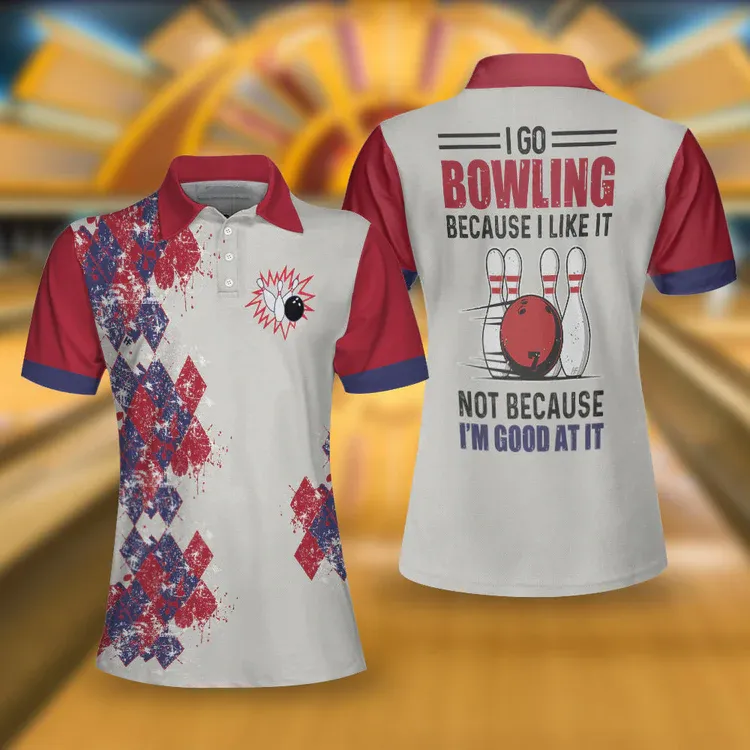 I Go Bowling Because I Like It Short Sleeve Women Polo Shirt, Argyle Pattern Polo Style Bowling Shirt For Ladies Coolspod