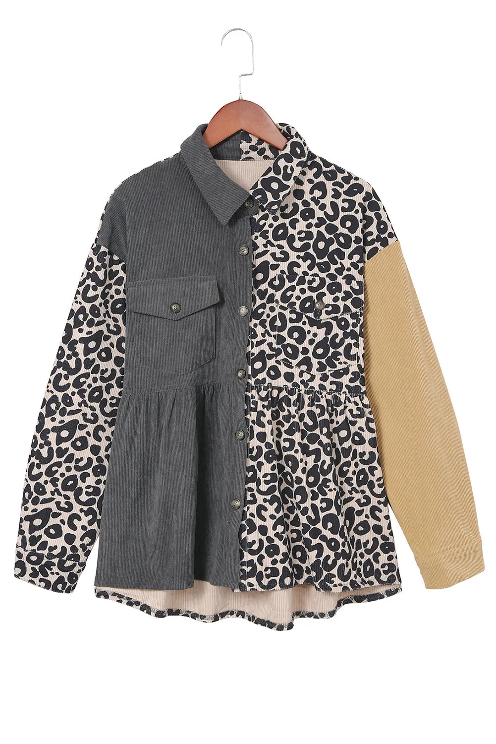 Leopard Colorblock Corduroy Shirt Jacket