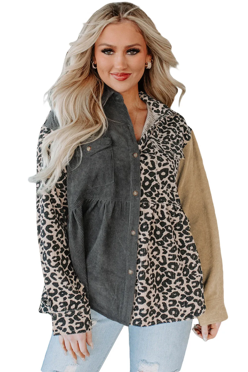 Leopard Colorblock Corduroy Shirt Jacket