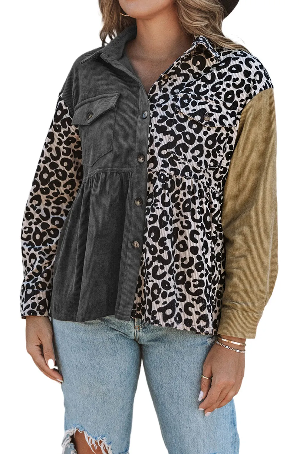 Leopard Colorblock Corduroy Shirt Jacket