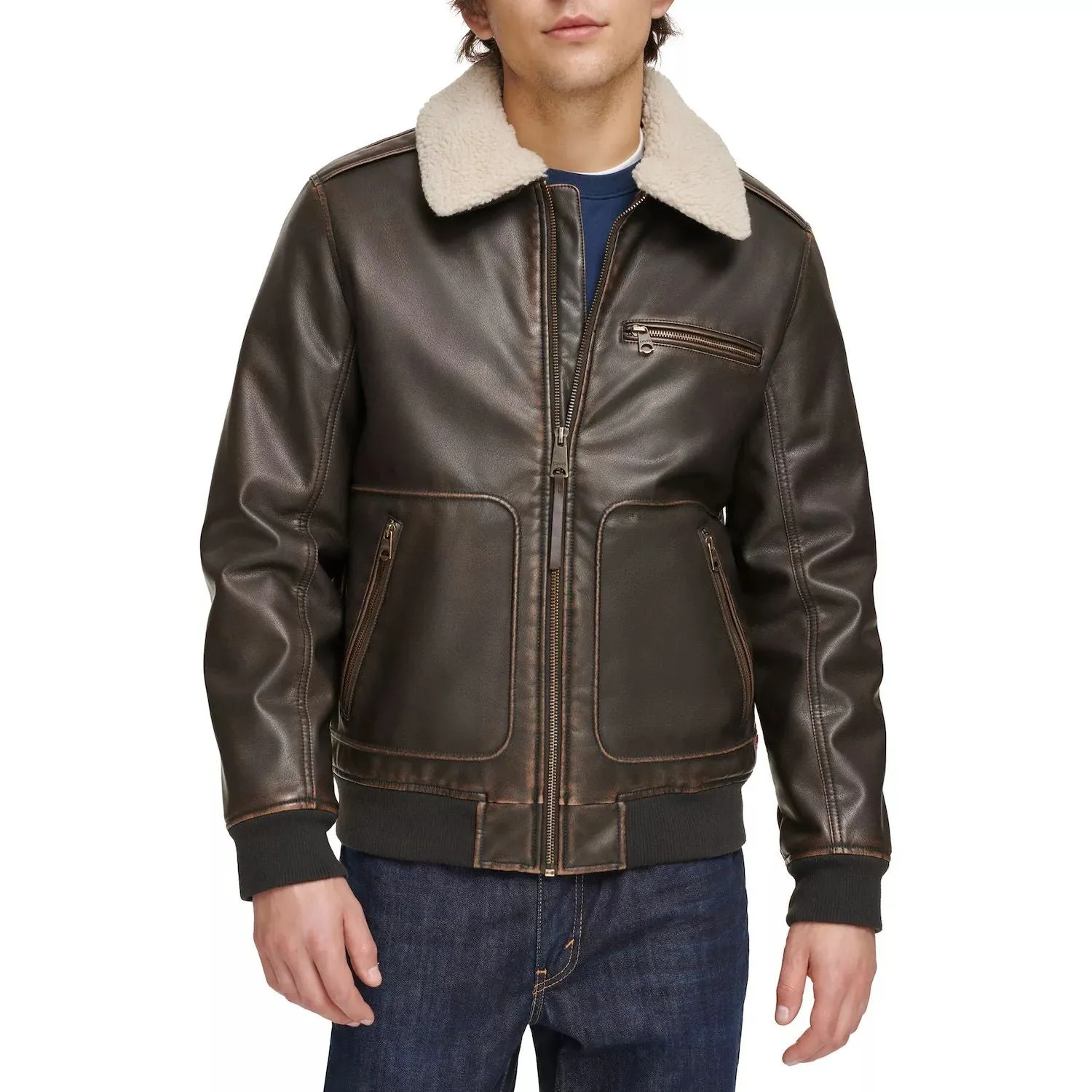 Levi's Men's Faux Leather Bomber Jacket, Dark Brown