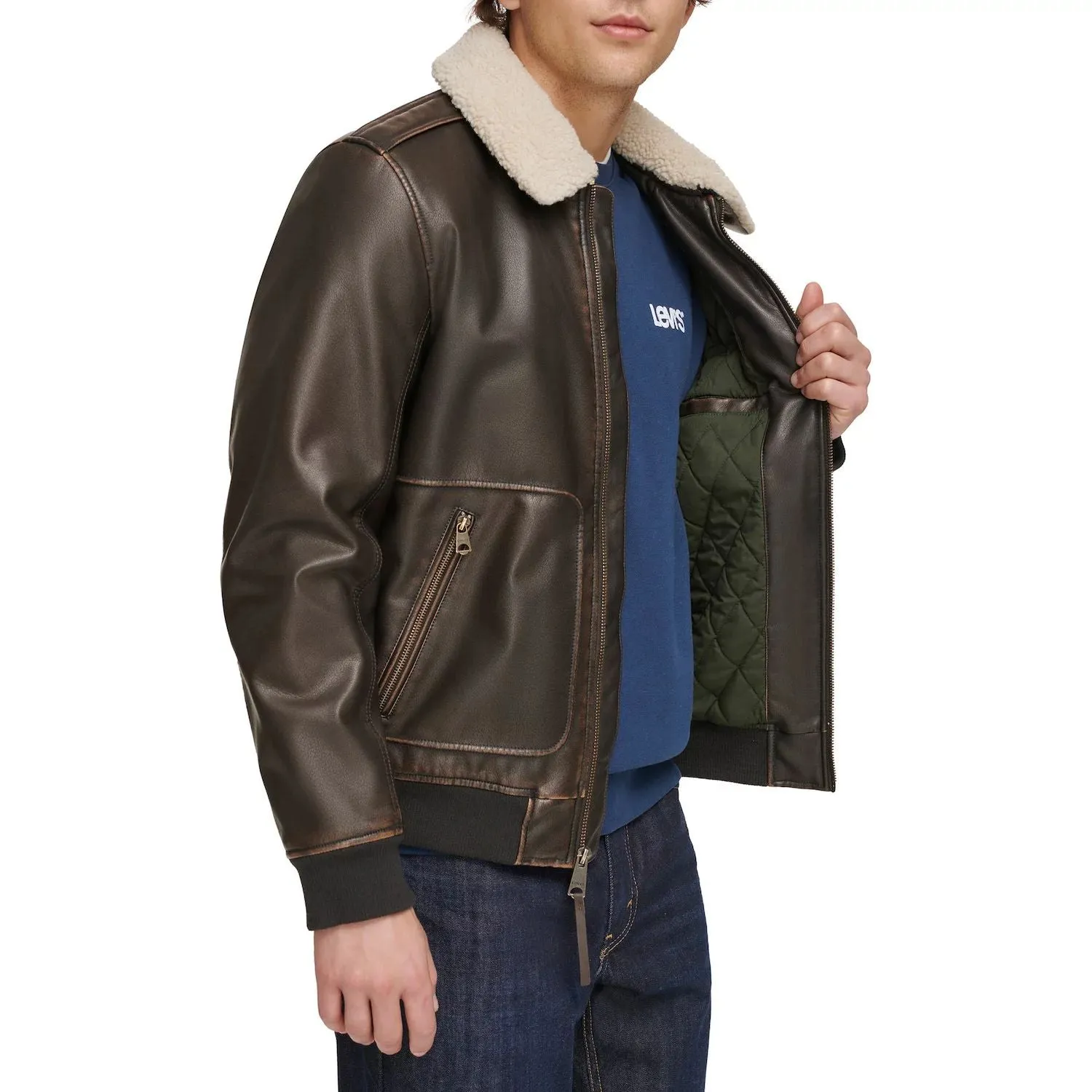 Levi's Men's Faux Leather Bomber Jacket, Dark Brown