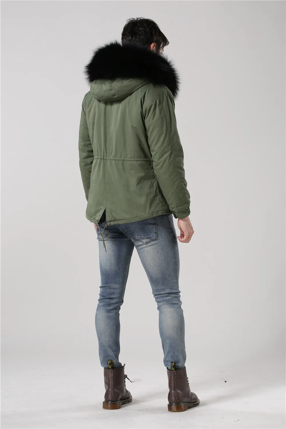 Men's Black Fur Convertible Green Parka - Short