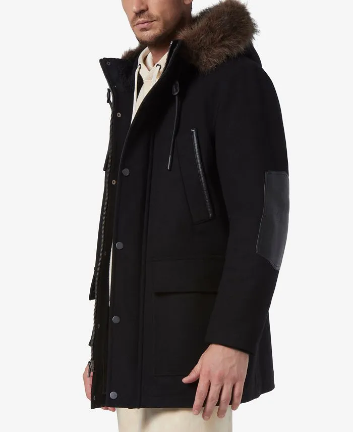 Men's Dawson Faux Leather Hooded Parka & Marc New York faux fur trim ,  black