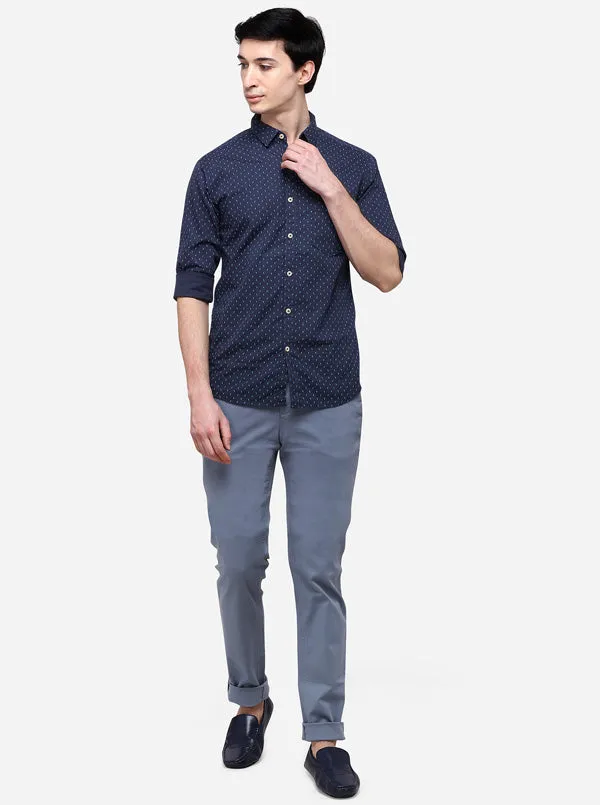 Navy Blue Slim Fit Printed Casual Shirt | Greenfibre