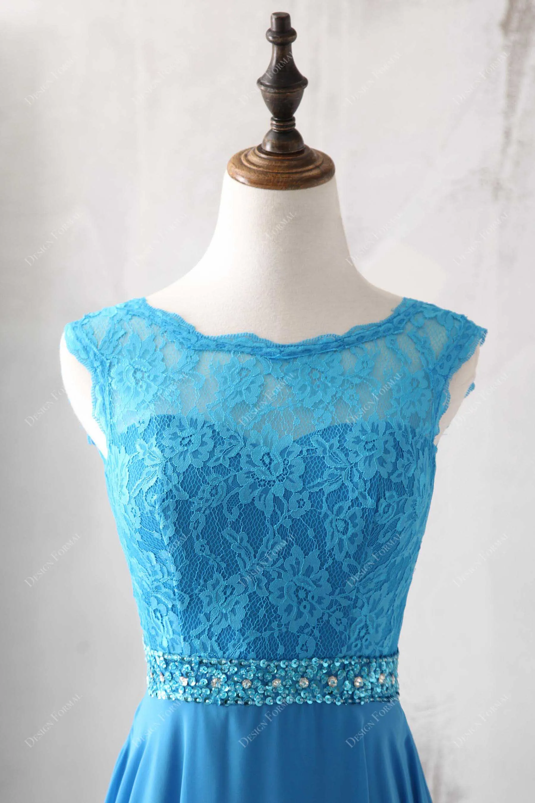 Ocean Blue Lace Chiffon Elegant A-line Long Formal Dress