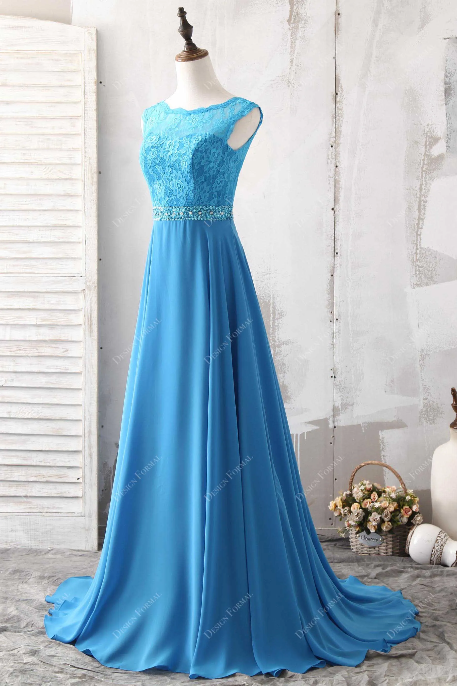 Ocean Blue Lace Chiffon Elegant A-line Long Formal Dress