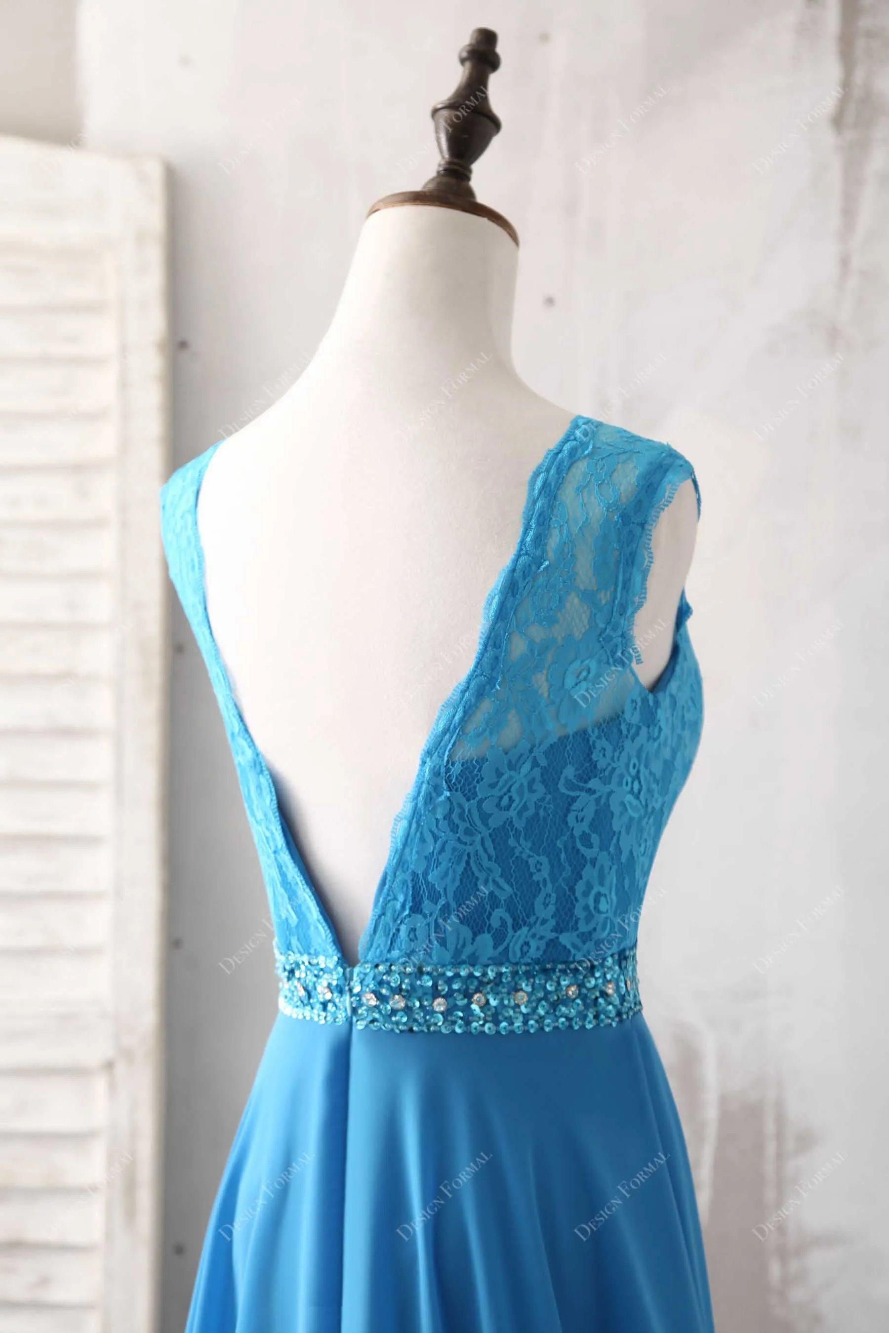 Ocean Blue Lace Chiffon Elegant A-line Long Formal Dress