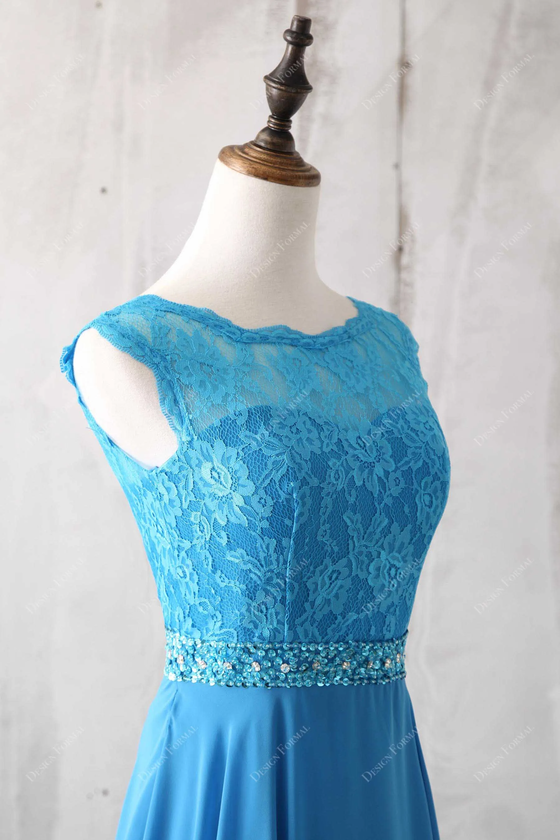 Ocean Blue Lace Chiffon Elegant A-line Long Formal Dress