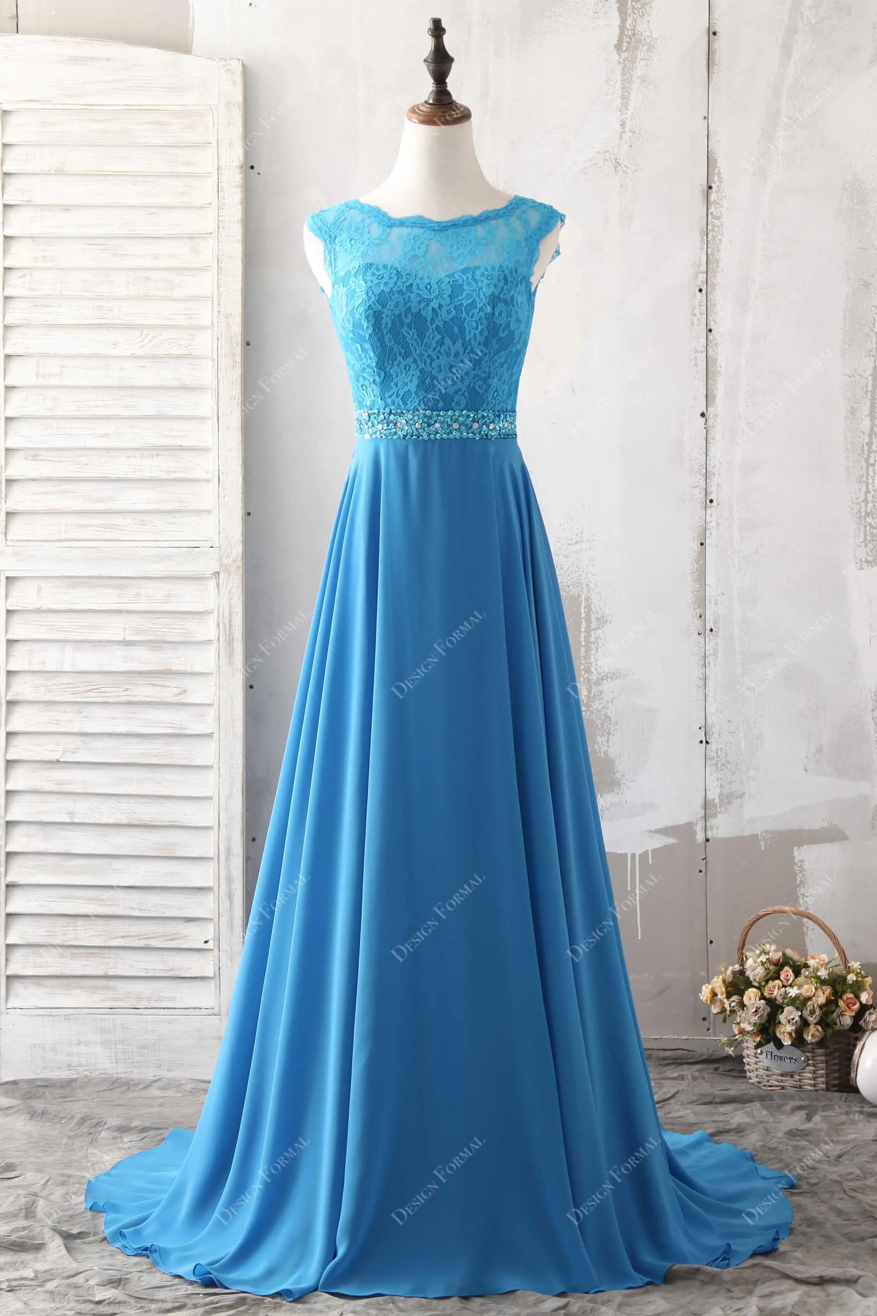 Ocean Blue Lace Chiffon Elegant A-line Long Formal Dress