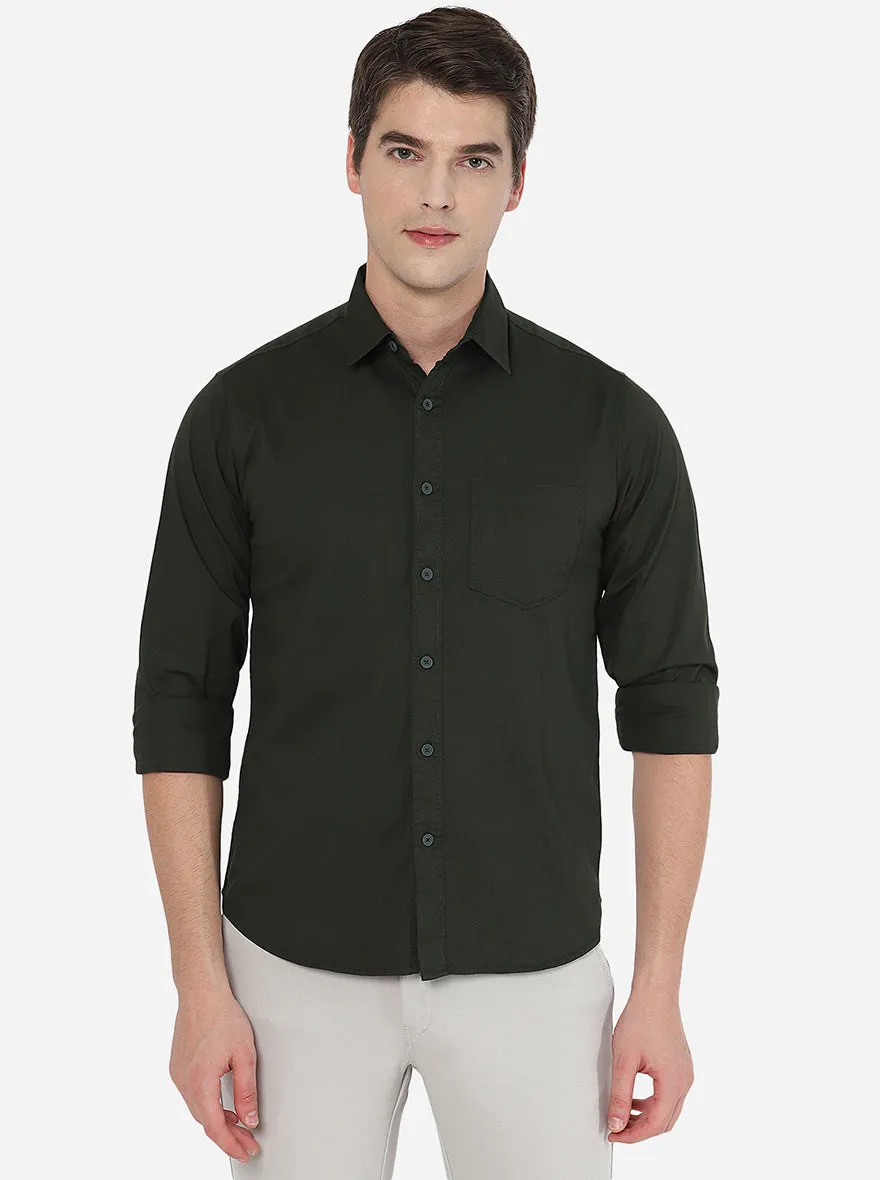 Olive Green Solid Slim Fit Semi Casual Shirt | Greenfibre