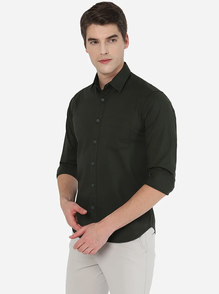 Olive Green Solid Slim Fit Semi Casual Shirt | Greenfibre