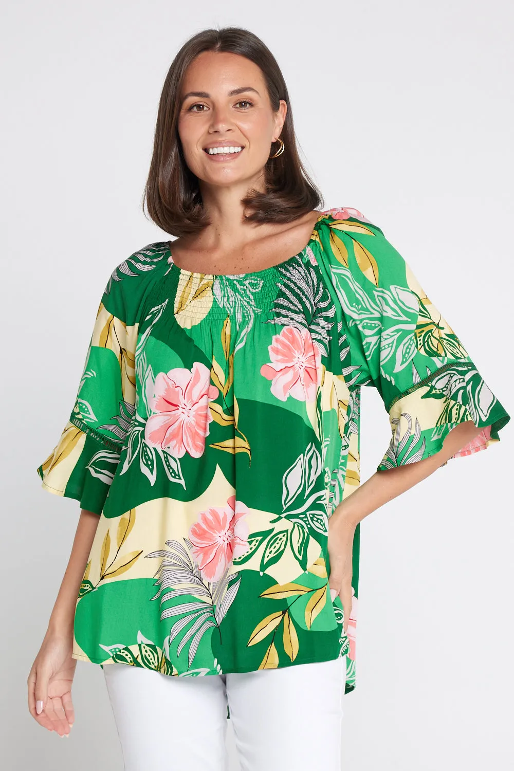 Palm Cove Top - Emerald/Pink Floral Top