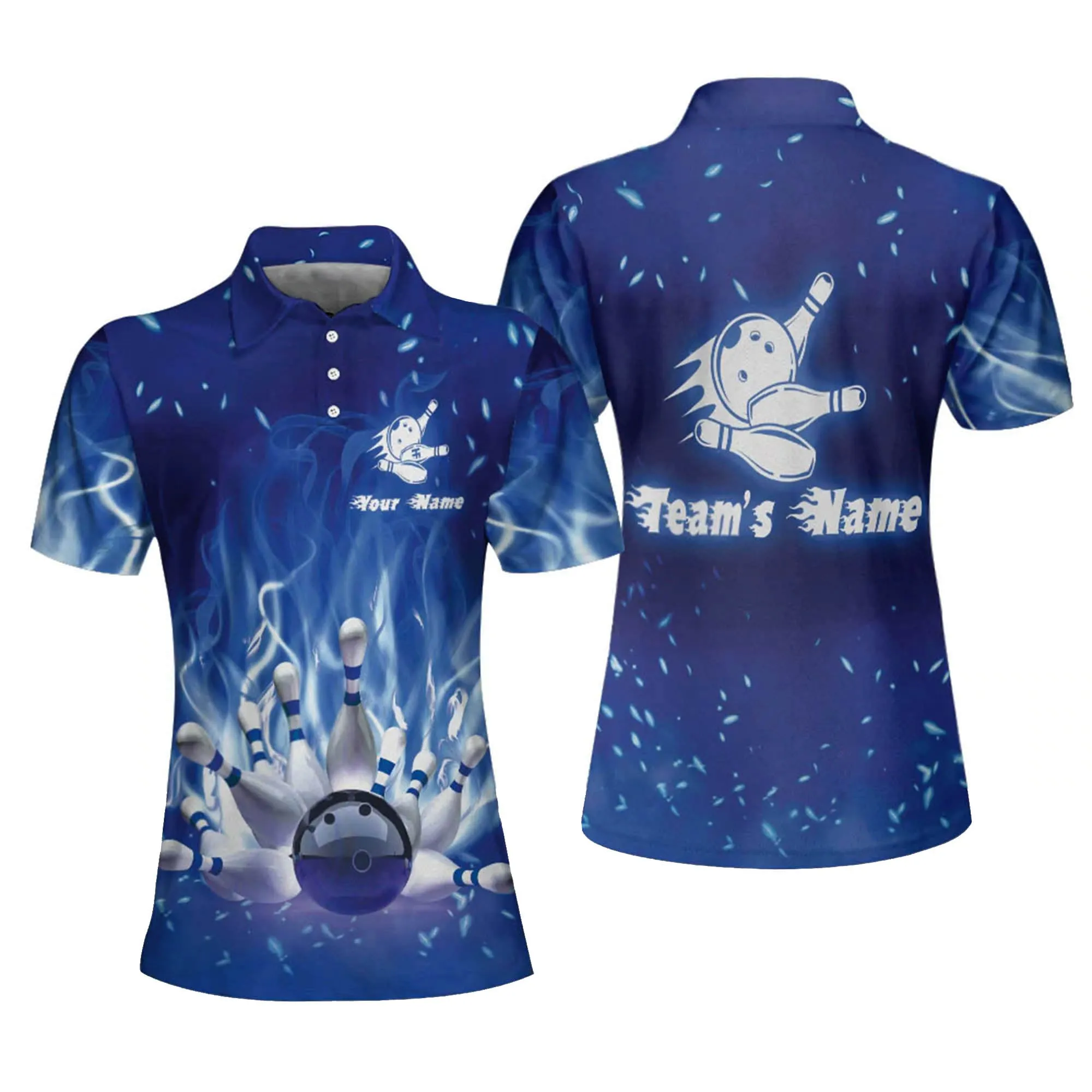 Personalized Blue Fire Unique Blue Bowling Women Polo Shirt, Idea Gift for Bowler