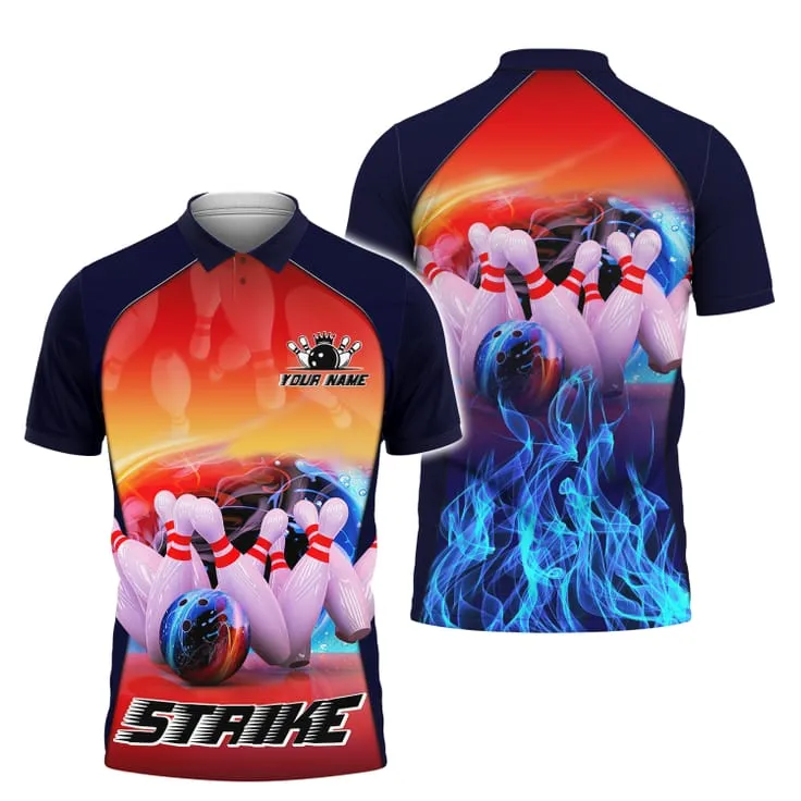 Personalized Bowling Strike On Fire 3D Polo Shirt, Custom Name Bowling Shirt For Men, Bowling Polo Shirt