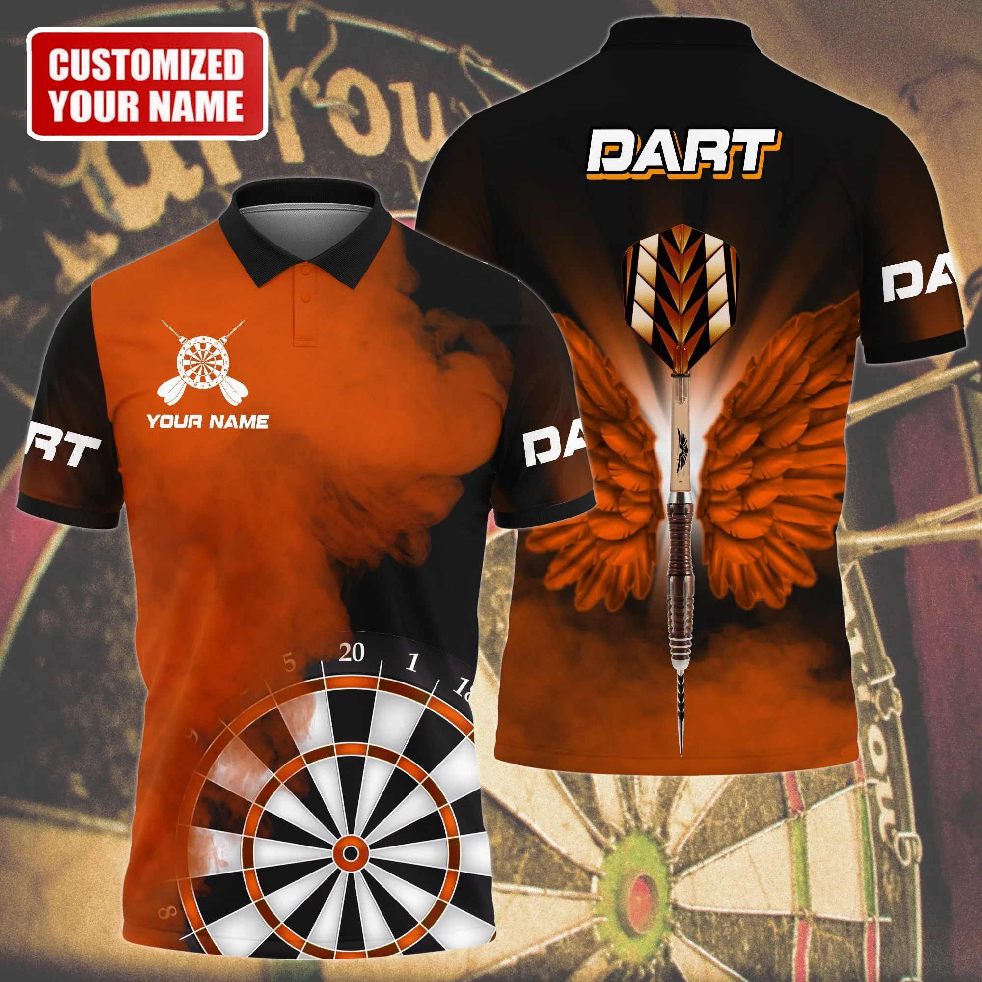 Personalized Name Multi Color Darts Wings All Over Printed Unisex Polo Shirt, Best Dart Player Shirt