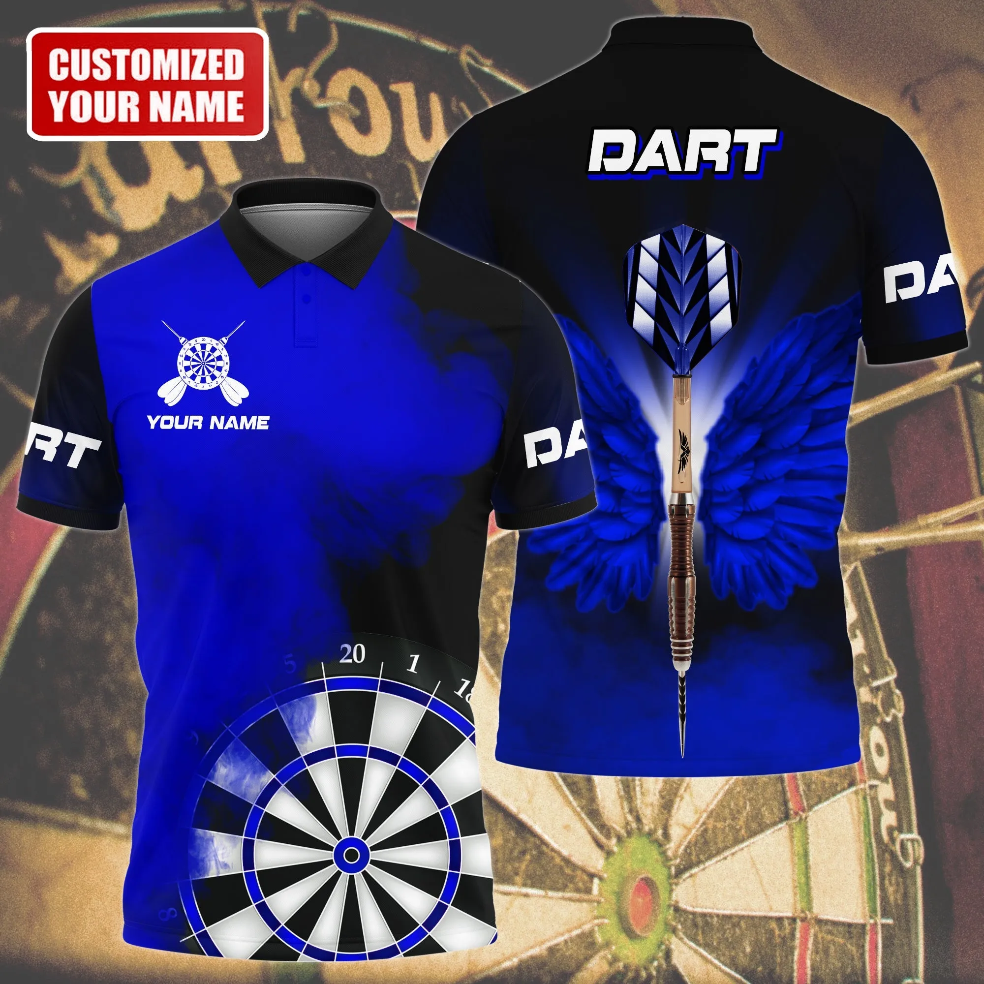 Personalized Name Multi Color Darts Wings All Over Printed Unisex Polo Shirt, Best Dart Player Shirt