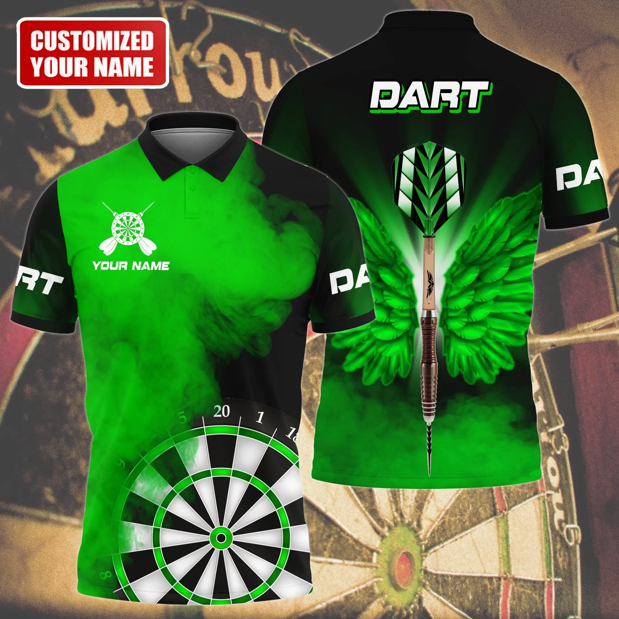 Personalized Name Multi Color Darts Wings All Over Printed Unisex Polo Shirt, Best Dart Player Shirt