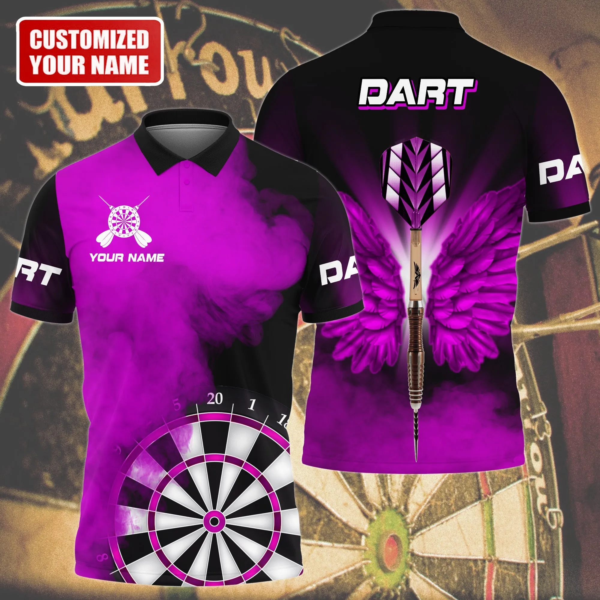 Personalized Name Multi Color Darts Wings All Over Printed Unisex Polo Shirt, Best Dart Player Shirt