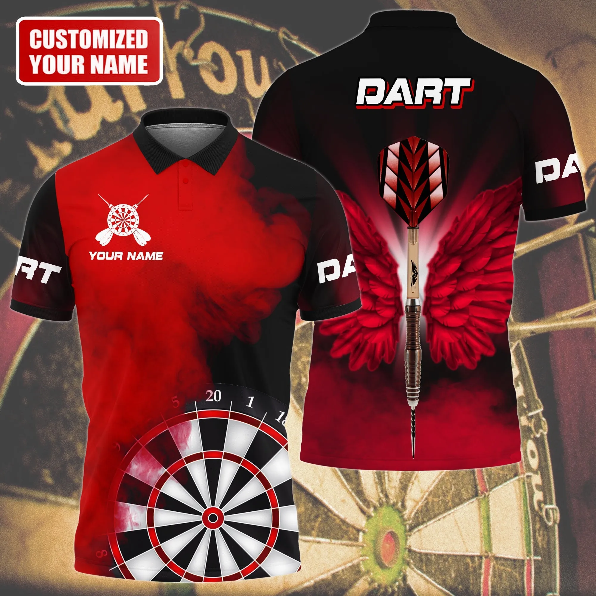 Personalized Name Multi Color Darts Wings All Over Printed Unisex Polo Shirt, Best Dart Player Shirt