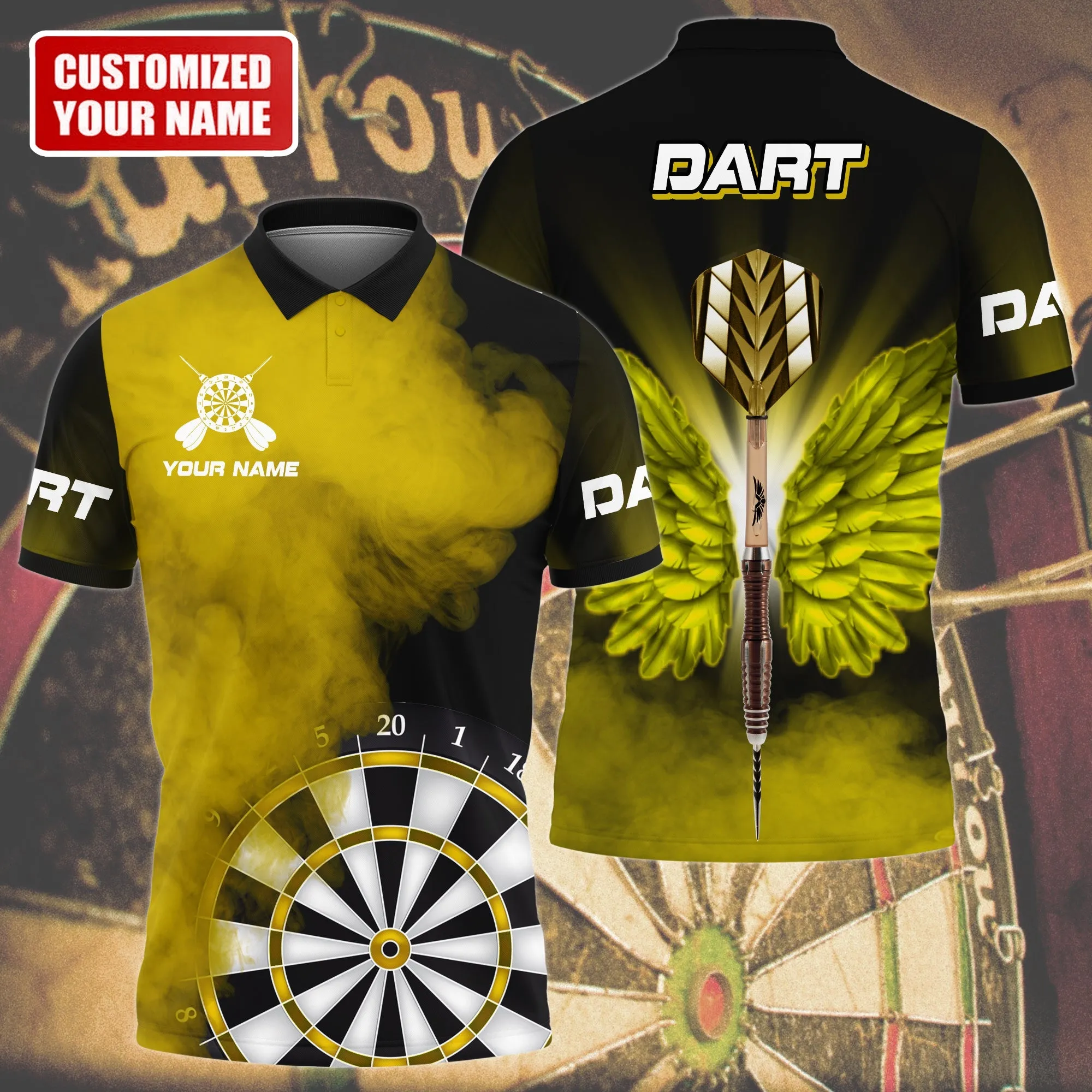 Personalized Name Multi Color Darts Wings All Over Printed Unisex Polo Shirt, Best Dart Player Shirt