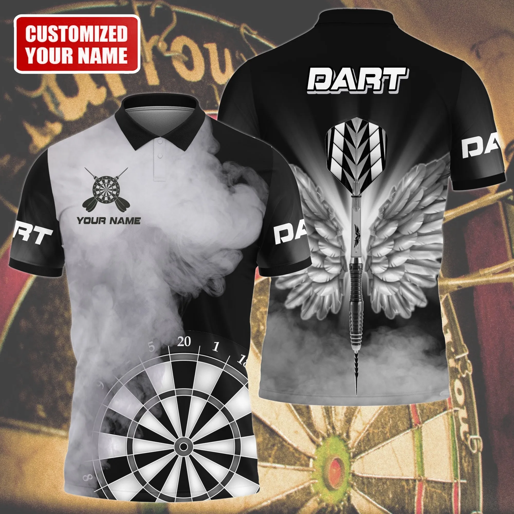 Personalized Name Multi Color Darts Wings All Over Printed Unisex Polo Shirt, Best Dart Player Shirt