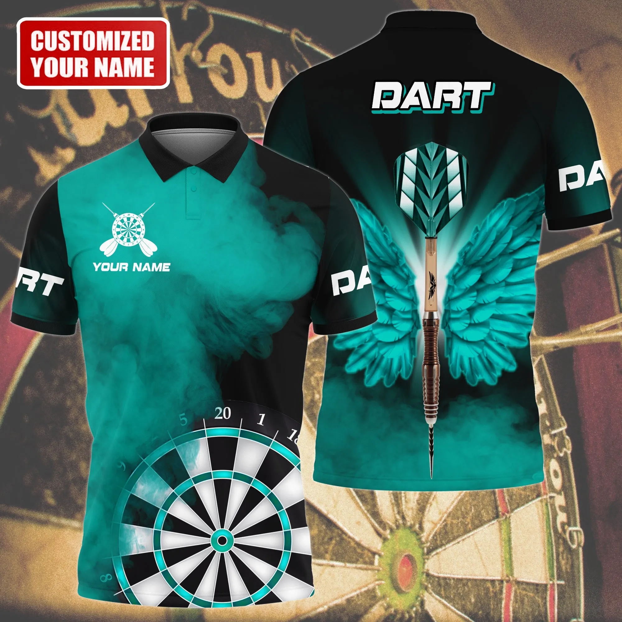 Personalized Name Multi Color Darts Wings All Over Printed Unisex Polo Shirt, Best Dart Player Shirt