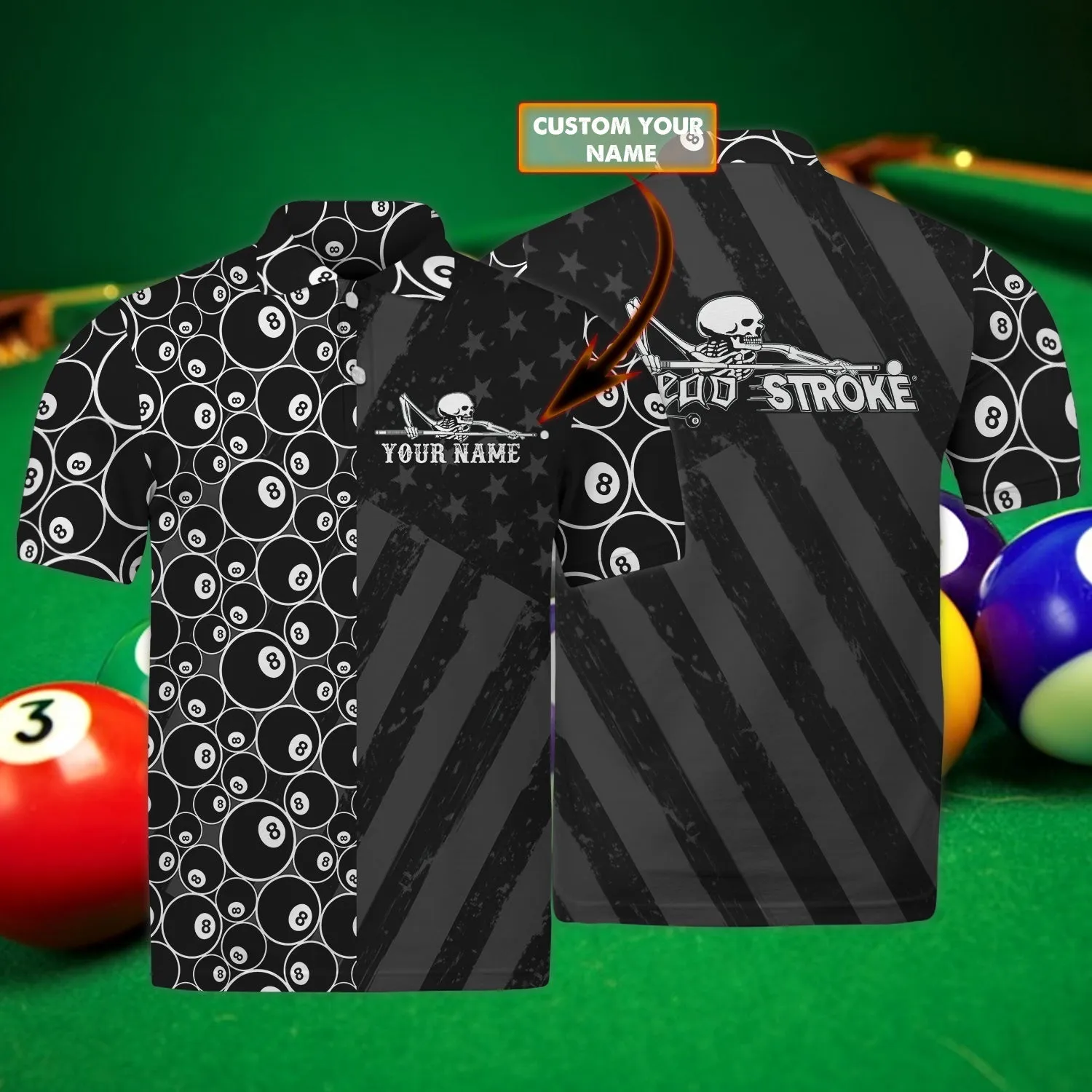 Personalized Skull Playing Billiard Stroke Funny Polo Shirt, Custom Name Shirt for Billiards