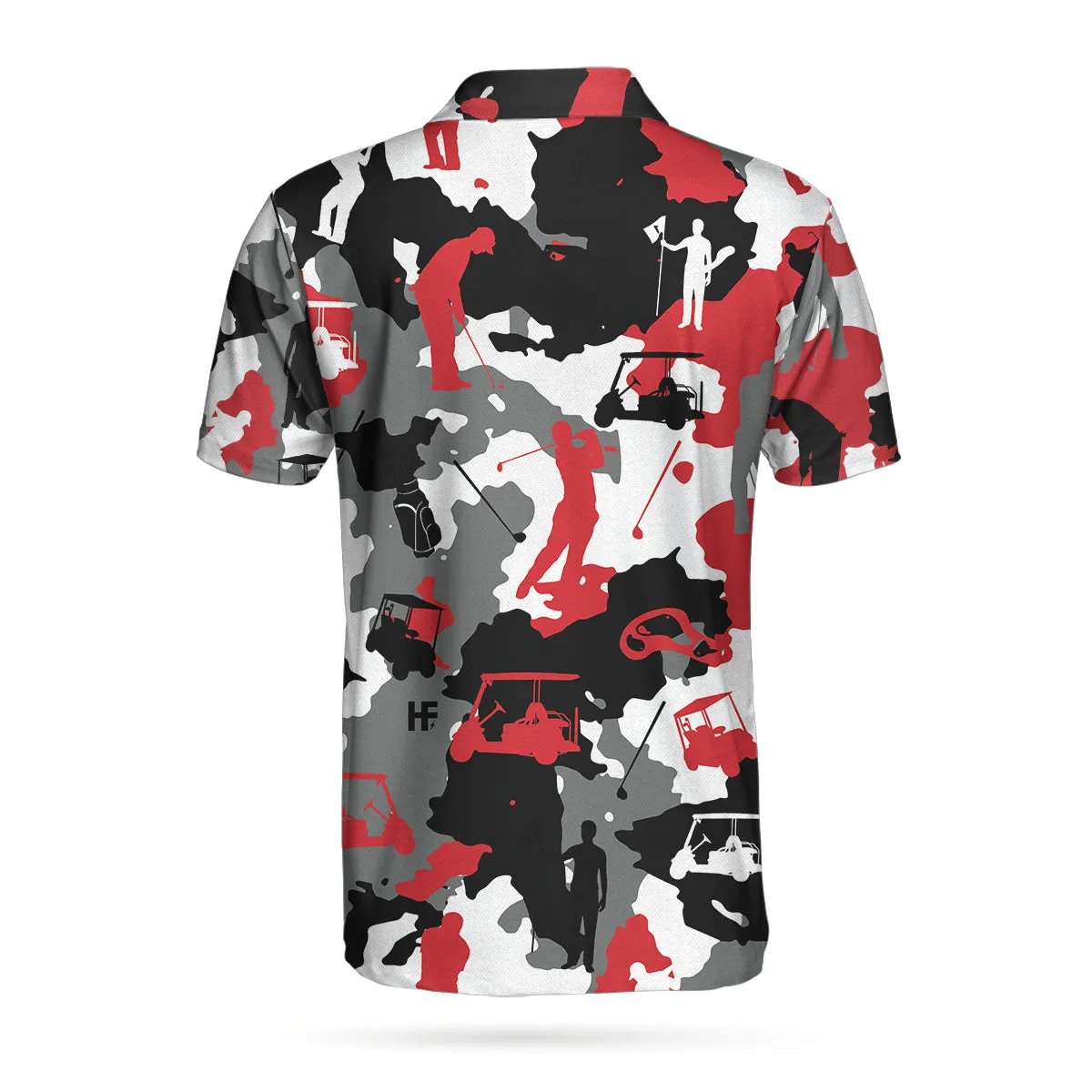 Red And White Camouflage Golf Short Sleeve Polo Shirt, Golfer Silhouette Polo Shirt, Camo Golf Shirt For Men Coolspod