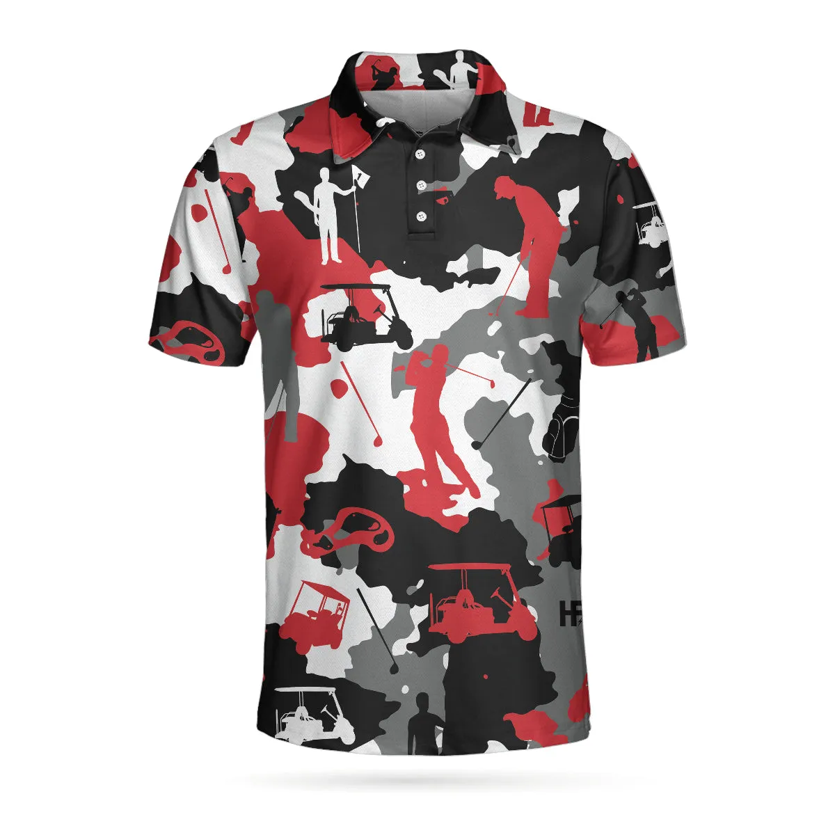 Red And White Camouflage Golf Short Sleeve Polo Shirt, Golfer Silhouette Polo Shirt, Camo Golf Shirt For Men Coolspod