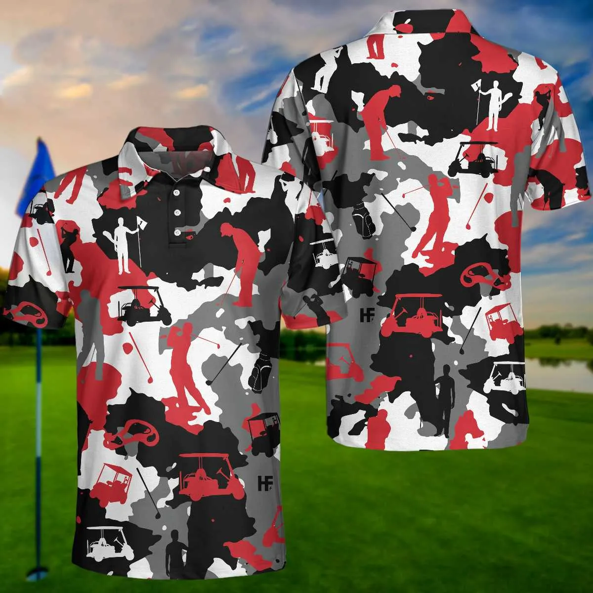 Red And White Camouflage Golf Short Sleeve Polo Shirt, Golfer Silhouette Polo Shirt, Camo Golf Shirt For Men Coolspod